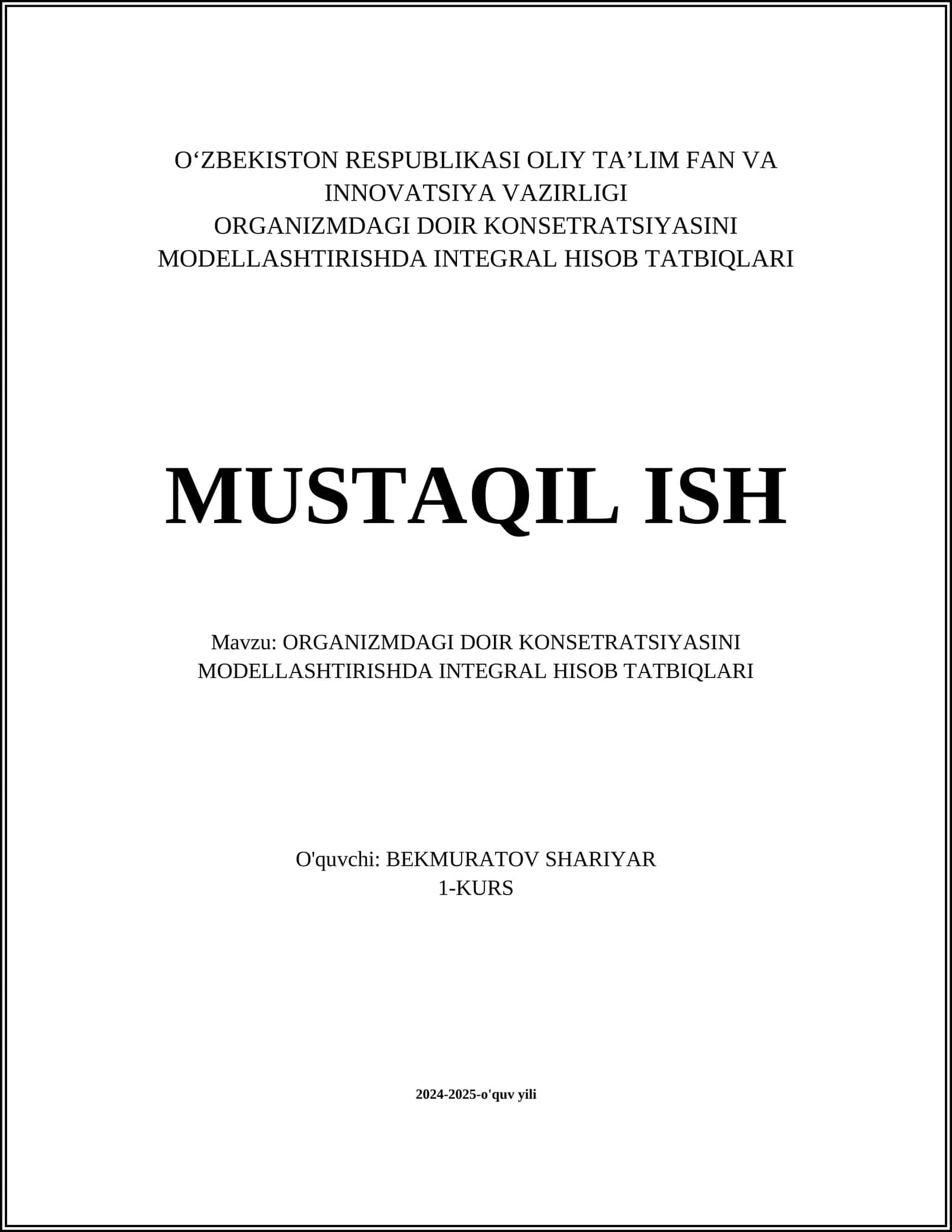 ORGANIZMDAGI DOIR KONSETRATSIYASINI MODELLASHTIRISHDA INTEGRAL HISOB TATBIQLARI 1