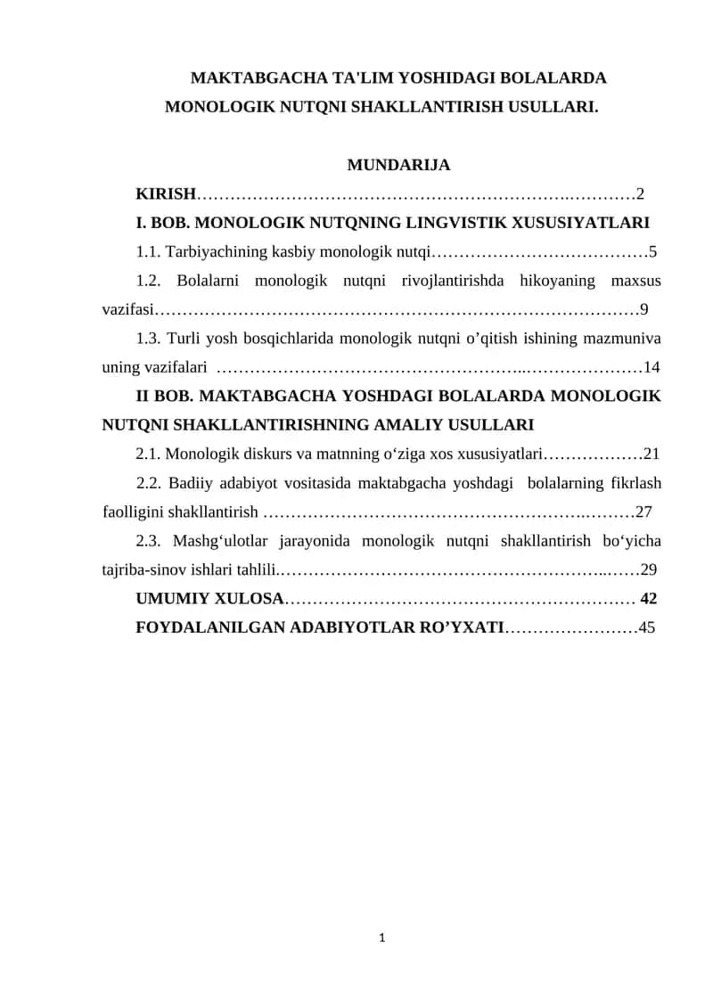 MAKTABGACHA TA'LIM YOSHIDAGI BOLALARDA MONOLOGIK NUTQNI SHAKLLANTIRISH USULLARI 1