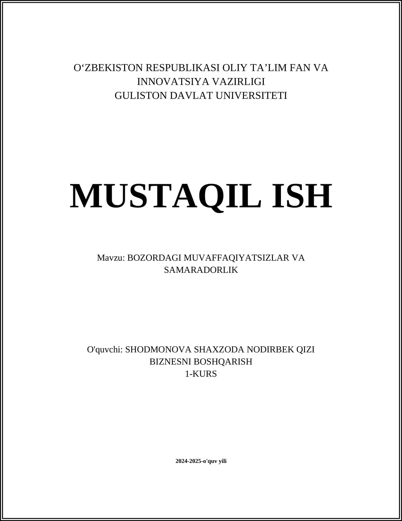 BOZORDAGI MUVAFFAQIYATSIZLAR VA SAMARADORLIK 1