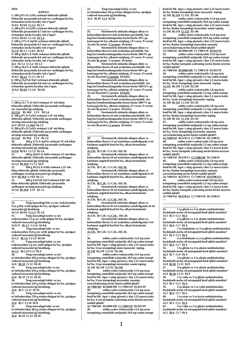 KIMYO FANIDAN 1024 test toʻplami (javobi bilan) 1