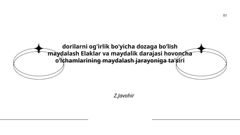 dorilarni og'irlik boʻyicha dozaga boʻlish maydalash Elaklar va maydalik darajasi hovoncha oʻlchamlarining maydalash jarayoniga ta'siri 1
