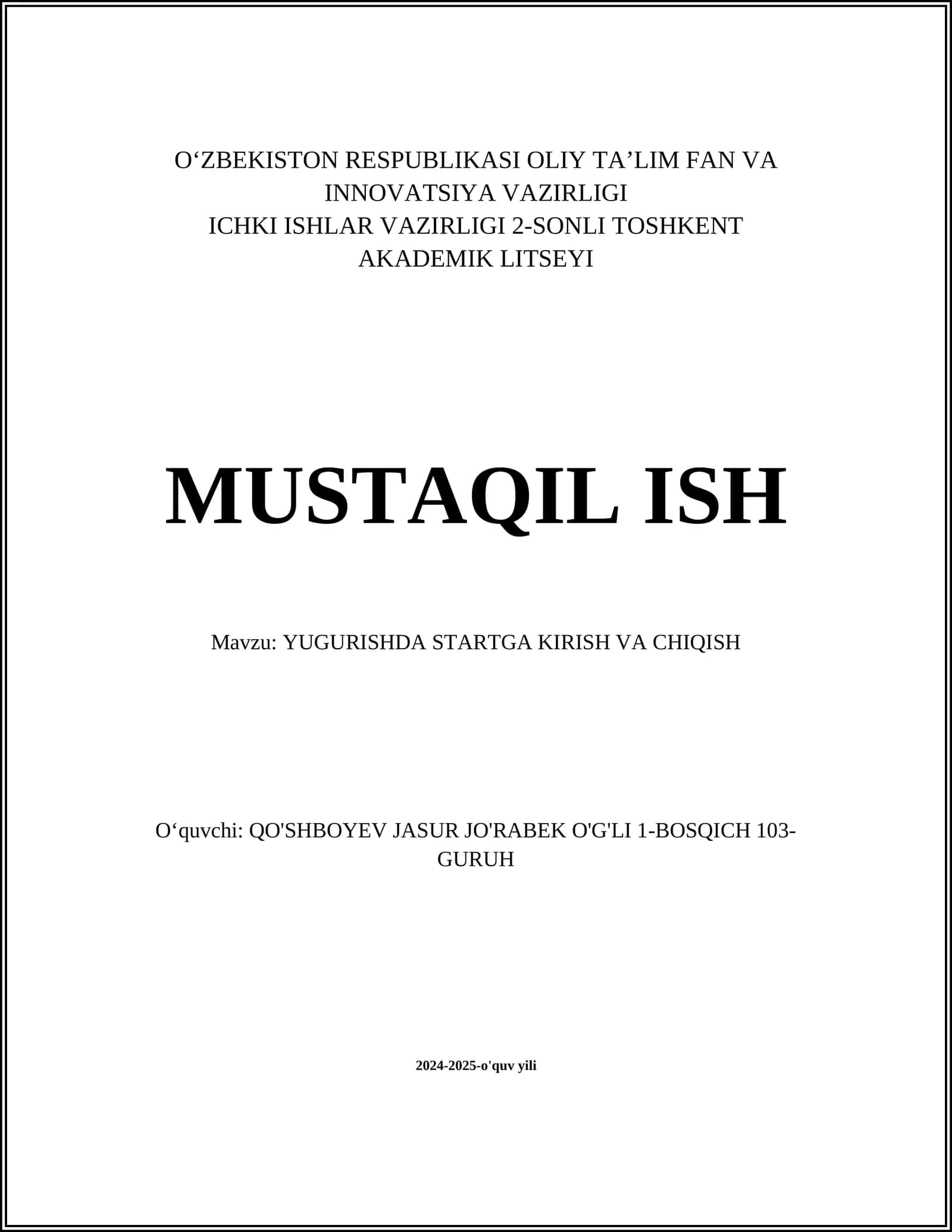 YUGURISHDA STARTGA KIRISH VA CHIQISH 1