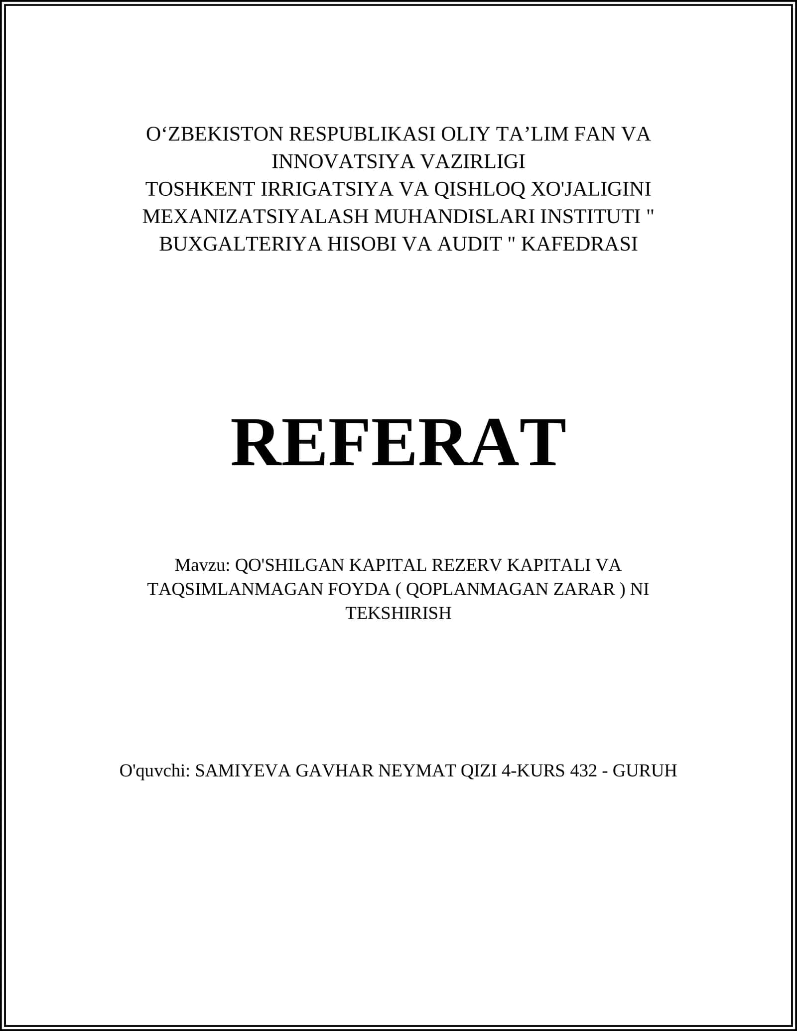 Qo'shilgan Kapital Rezerv Kapitali va Taqsimlanmagan Foyda (Qoplanmagan Zarar) ni Tekshirish 1
