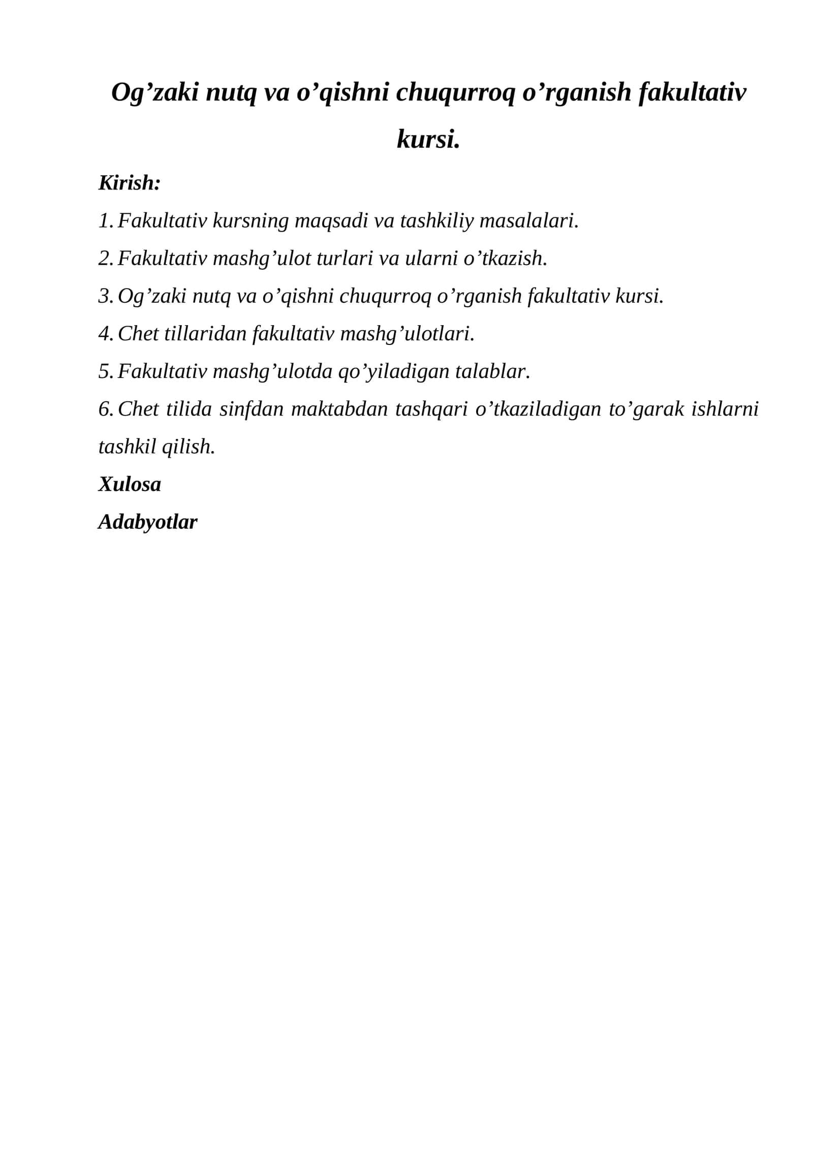 Og’zaki nutq va o’qishni chuqurroq o’rganish fakultativ kursi 1