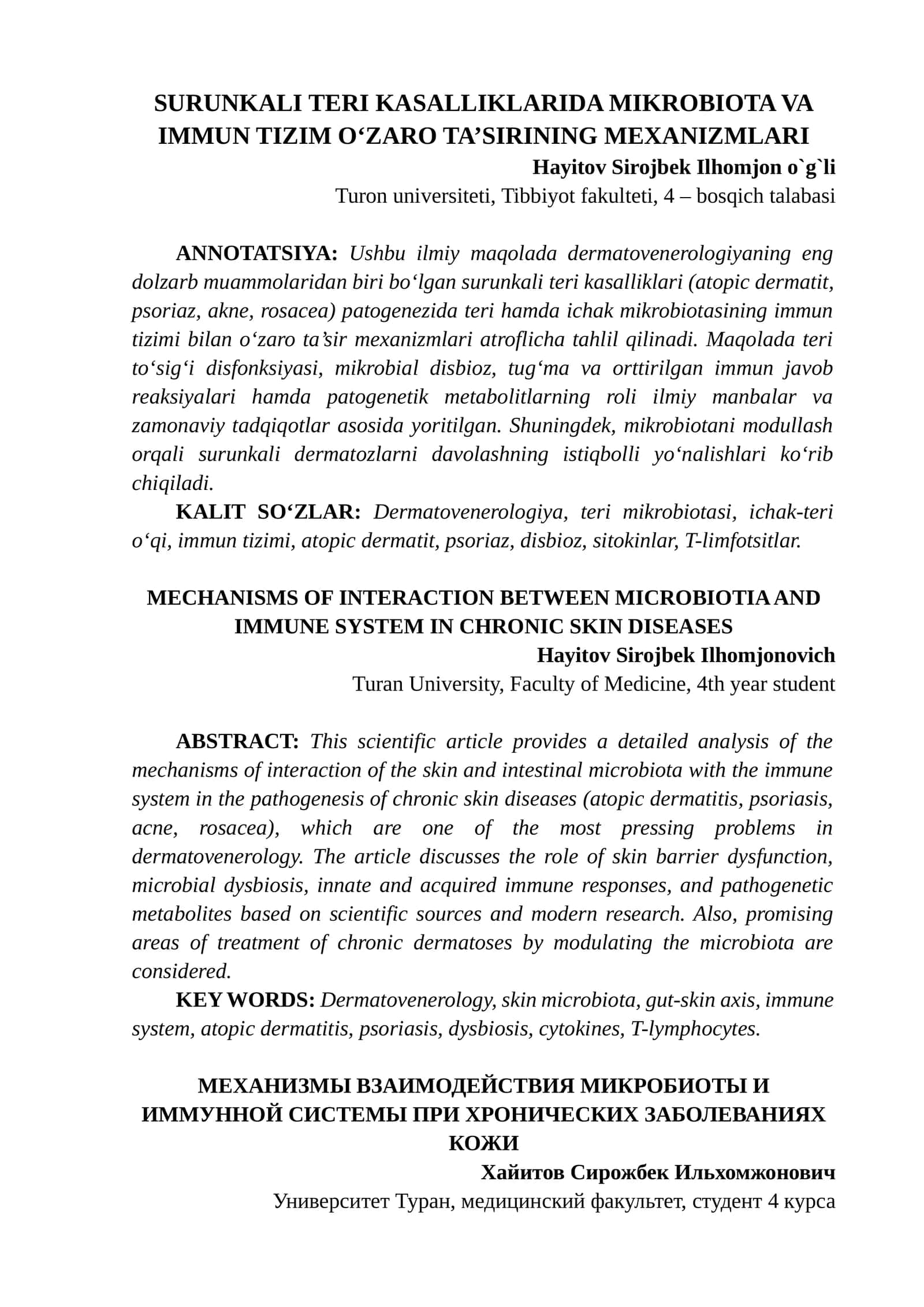 SURUNKALI TERI KASALLIKLARIDA MIKROBIOTA VA IMMUN TIZIM O‘ZARO TA’SIRINING MEXANIZMLARI 1