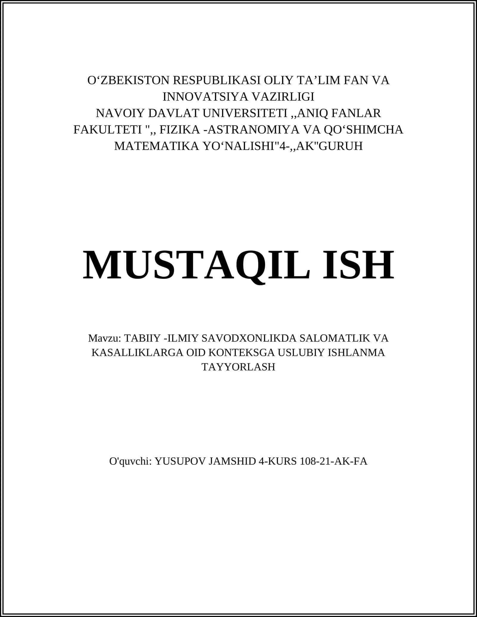 TABIIY -ILMIY SAVODXONLIKDA SALOMATLIK VA KASALLIKLARGA OID KONTEKSGA USLUBIY ISHLANMA TAYYORLASH 1