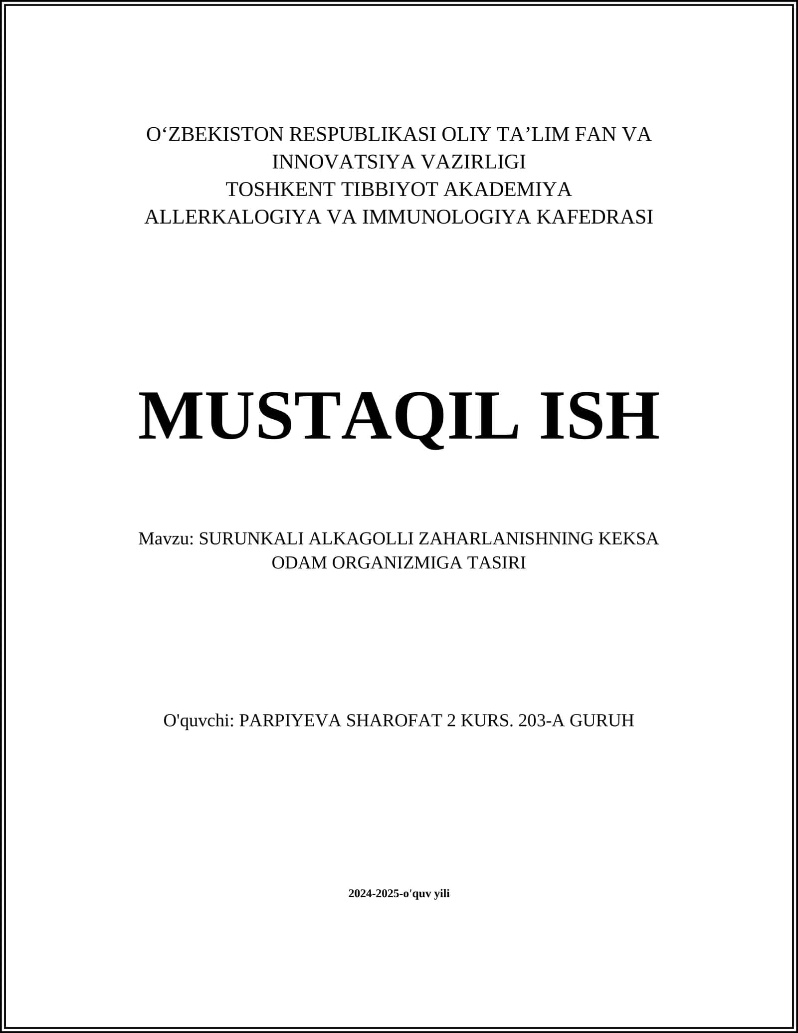 SURUNKALI ALKAGOLLI ZAHARLANISHNING KEKSA ODAM ORGANIZMIGA TASIRI 1