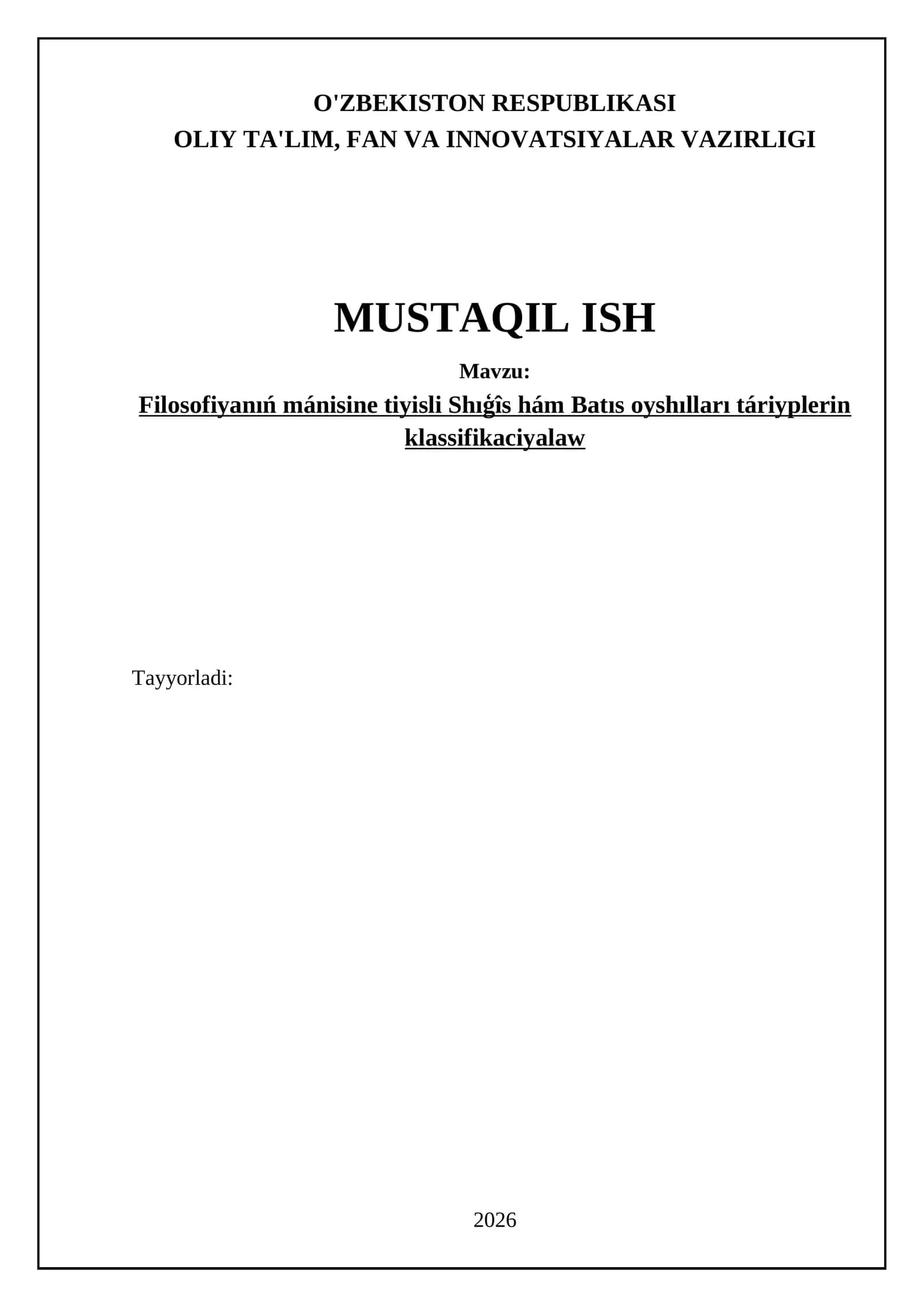 Filosofiyanıń mánisine tiyisli Shıģîs hám Batıs oyshılları táriyplerin klassifikaciyalaw 1