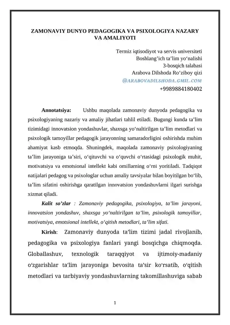 ZAMONAVIY DUNYO PEDAGOGIKA VA PSIXOLOGIYA NAZARY VA AMALIYOTI