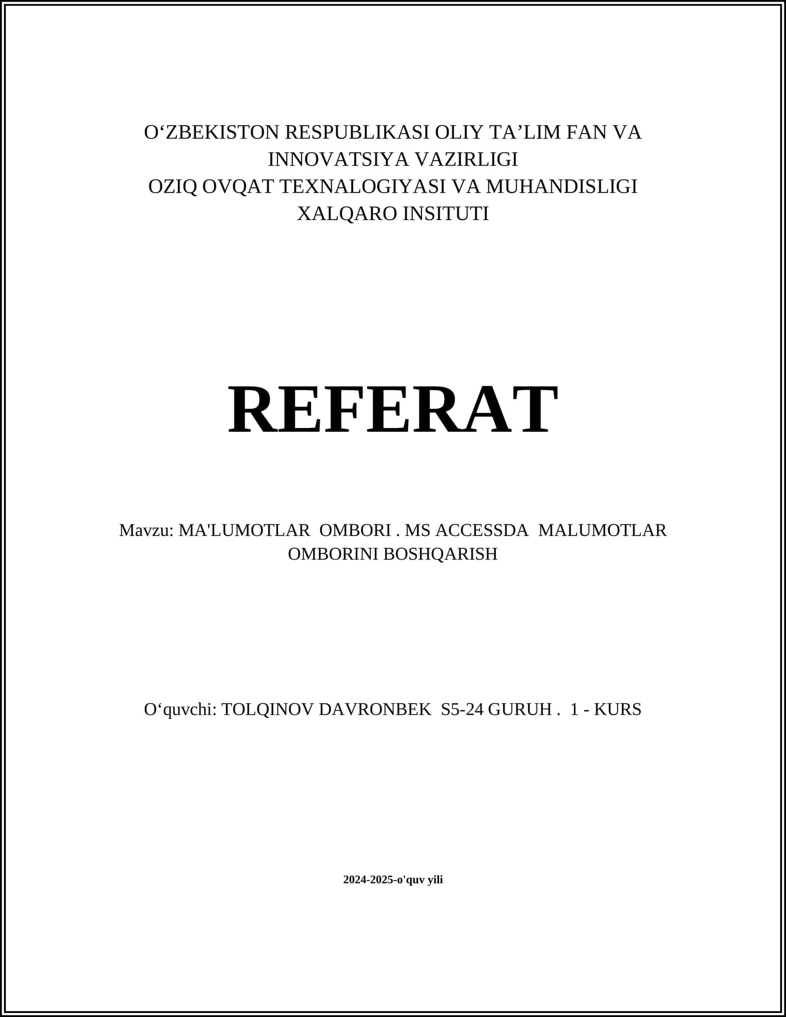 MA'LUMOTLAR OMBORINI BOSHQARISH 1