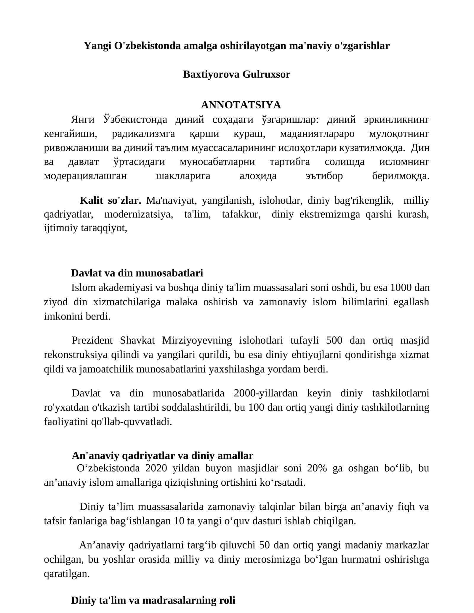 Yangi O'zbekistonda amalga oshirilayotgan ma'naviy o'zgarishlar 1