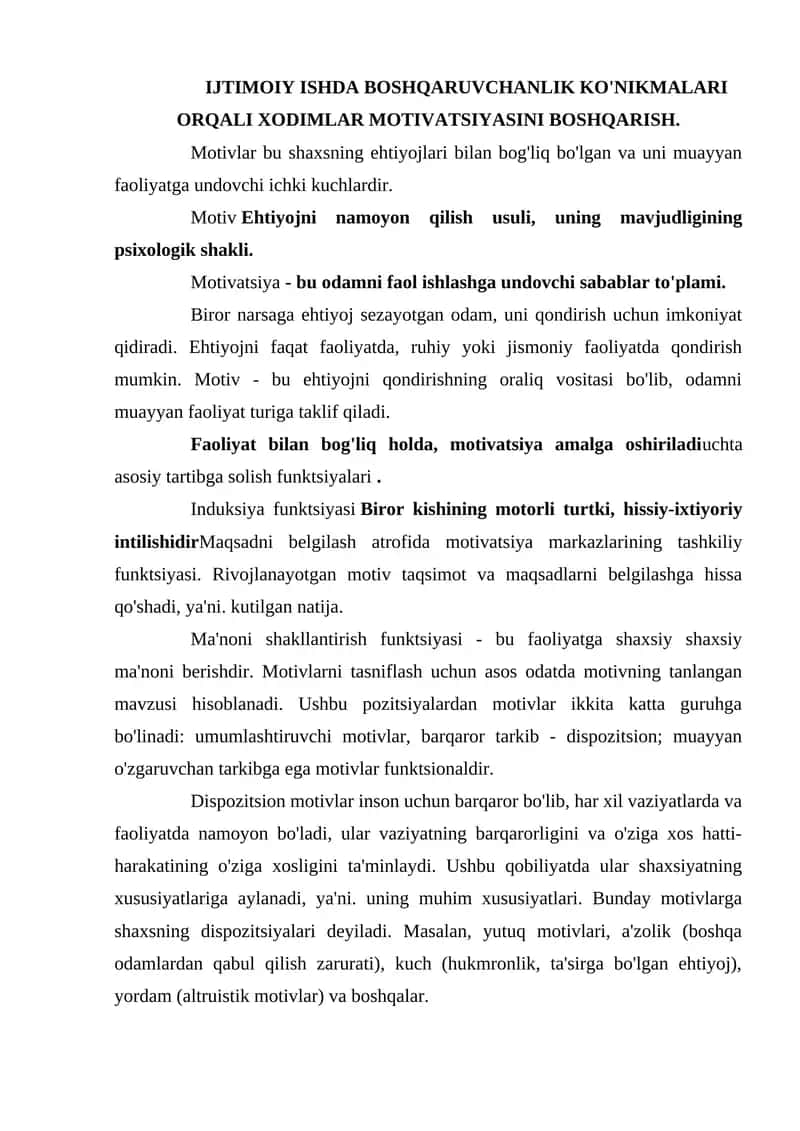 IJTIMOIY ISHDA BOSHQARUVCHANLIK KO'NIKMALARI ORQALI XODIMLAR MOTIVATSIYASINI BOSHQARISH 1