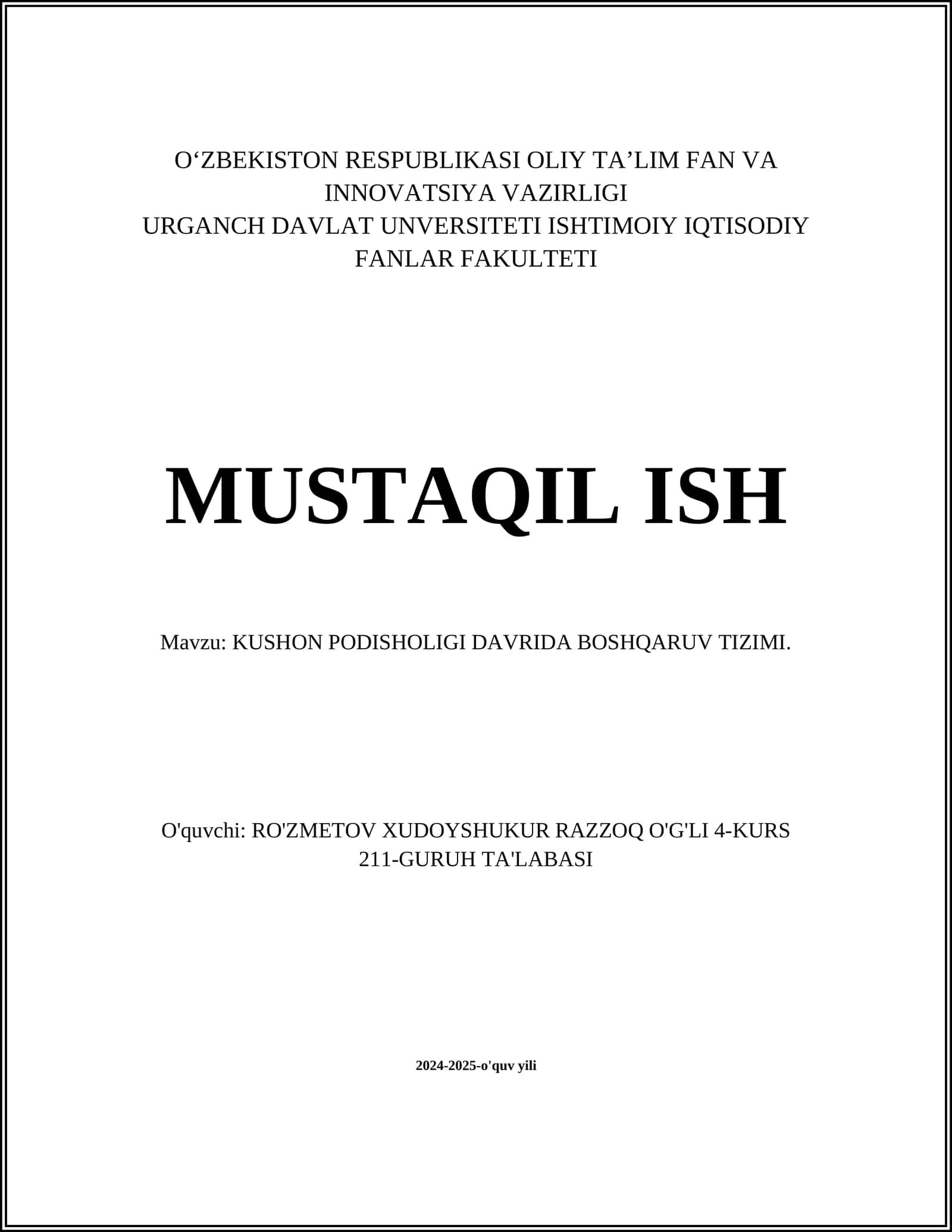 KUSHON PODISHOLIGI DAVRIDA BOSHQARUV TIZIMI 1