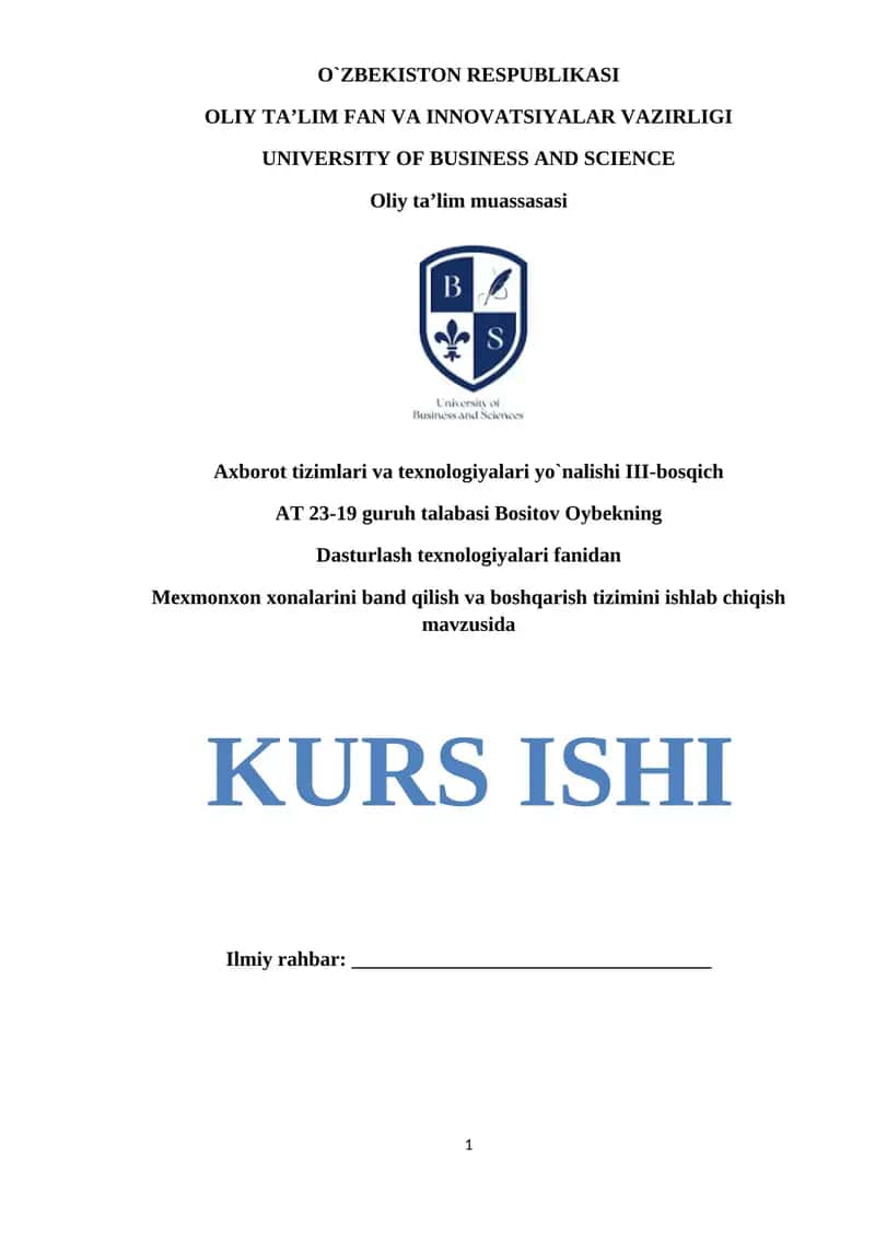 Mehmonxona xonalarini band qilish va boshqarish tizimini ishlab chiqish 1
