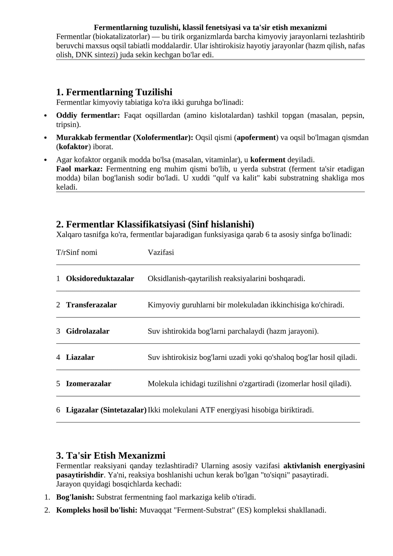 Fermentlarning tuzulishi, klassil fenetsiyasi va ta'sir etish mexanizmi 1