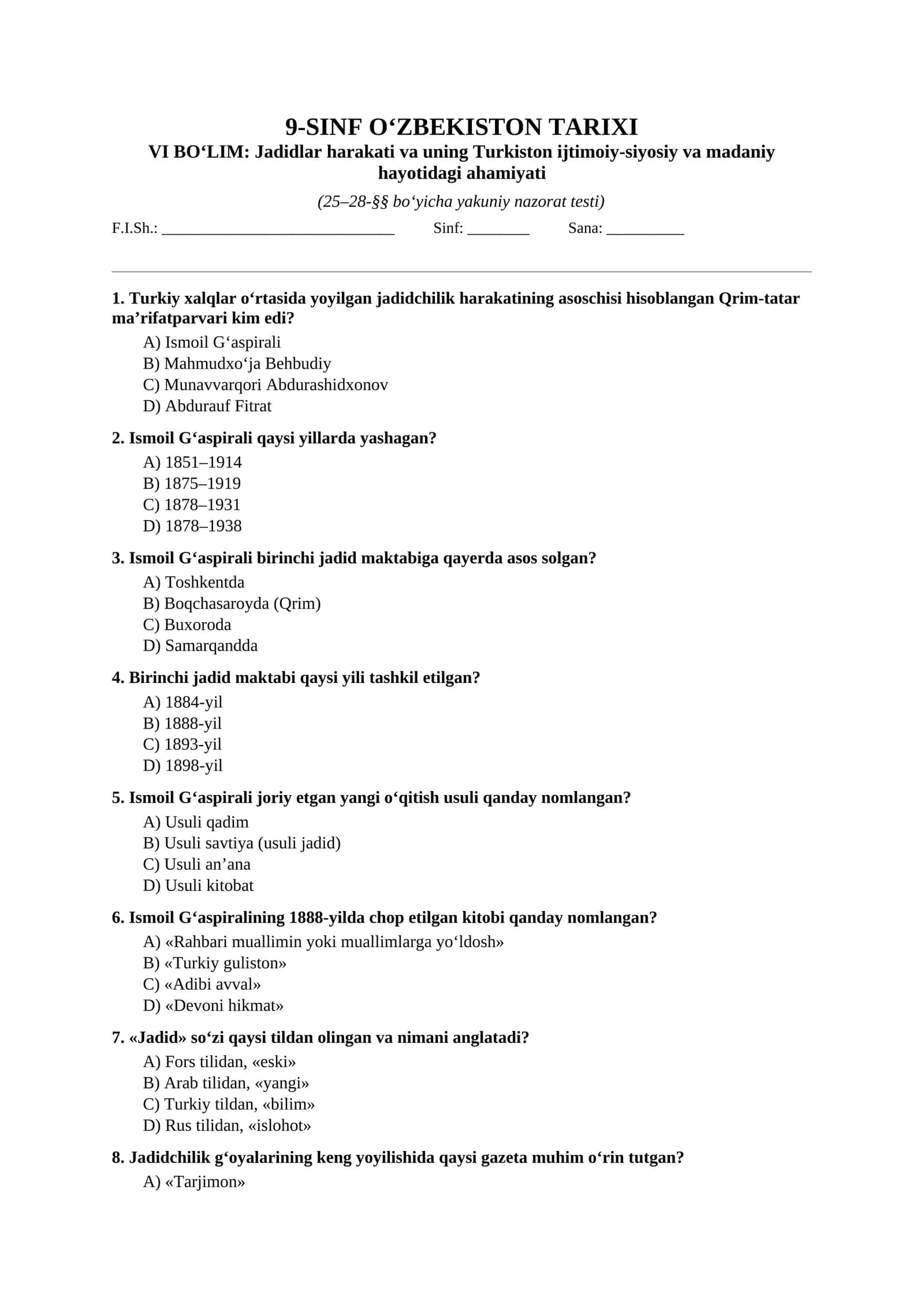 Mavzulashtirilgan testlar | 9-SINF O‘ZBEKISTON TARIXI VI boʻlim 1