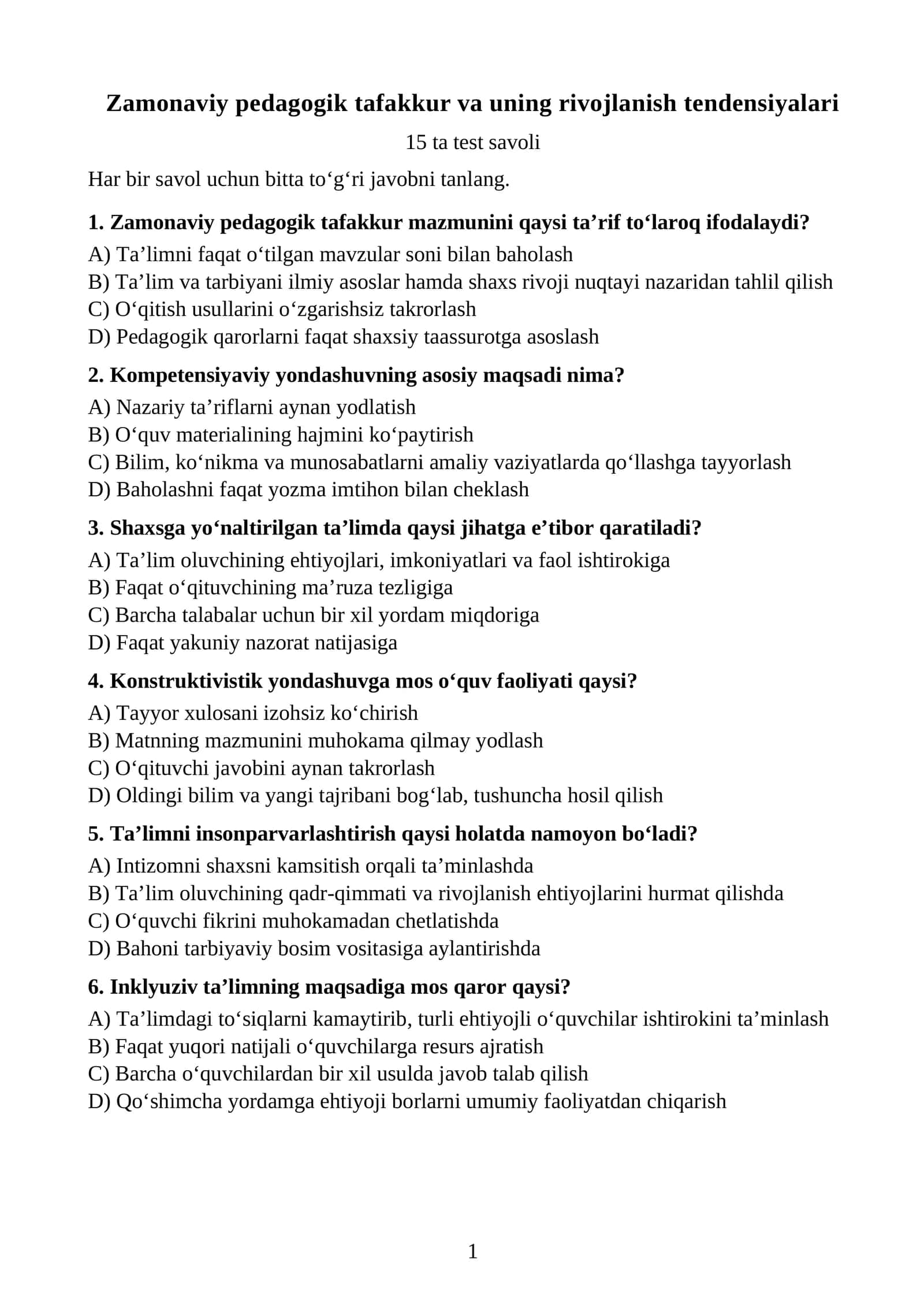 Zamonaviy pedagogik tafakkur va uning rivojlanish tendensiyalari TEST 1