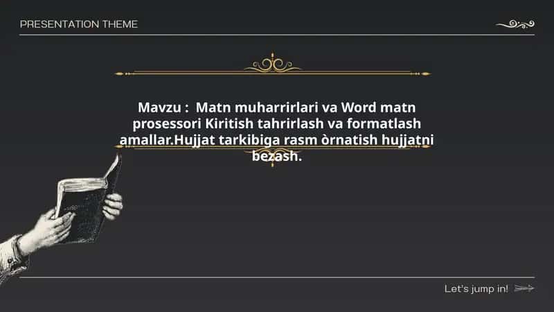 :  Matn muharrirlari va Word matn prosessori Kiritish tahrirlash va formatlash amallar.Hujjat tarkibiga rasm òrnatish hujjatni bezash 1