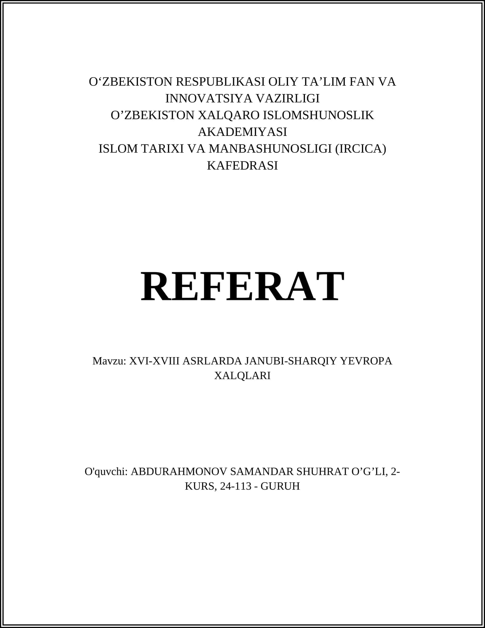 XVI-XVIII ASRLARDA JANUBI-SHARQIY YEVROPA XALQLARI 1