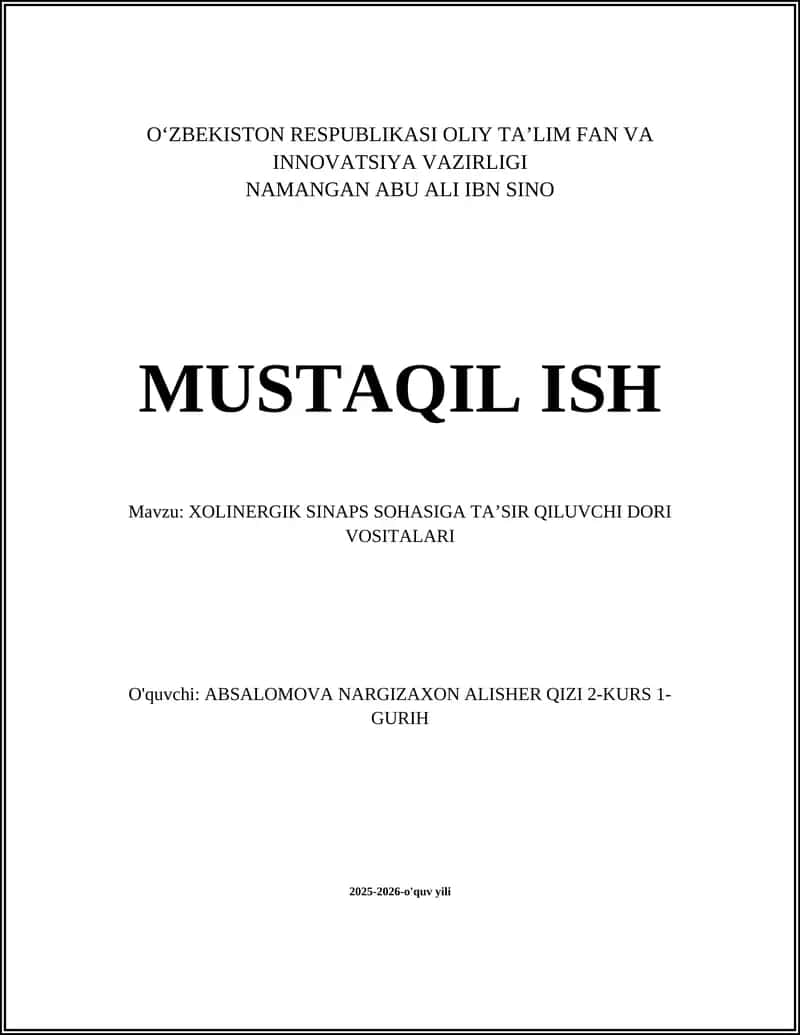 Asetilkolinesteraza inhibitorlari: turlar, mexanizmlar va klinik qoʻllanilishi 1