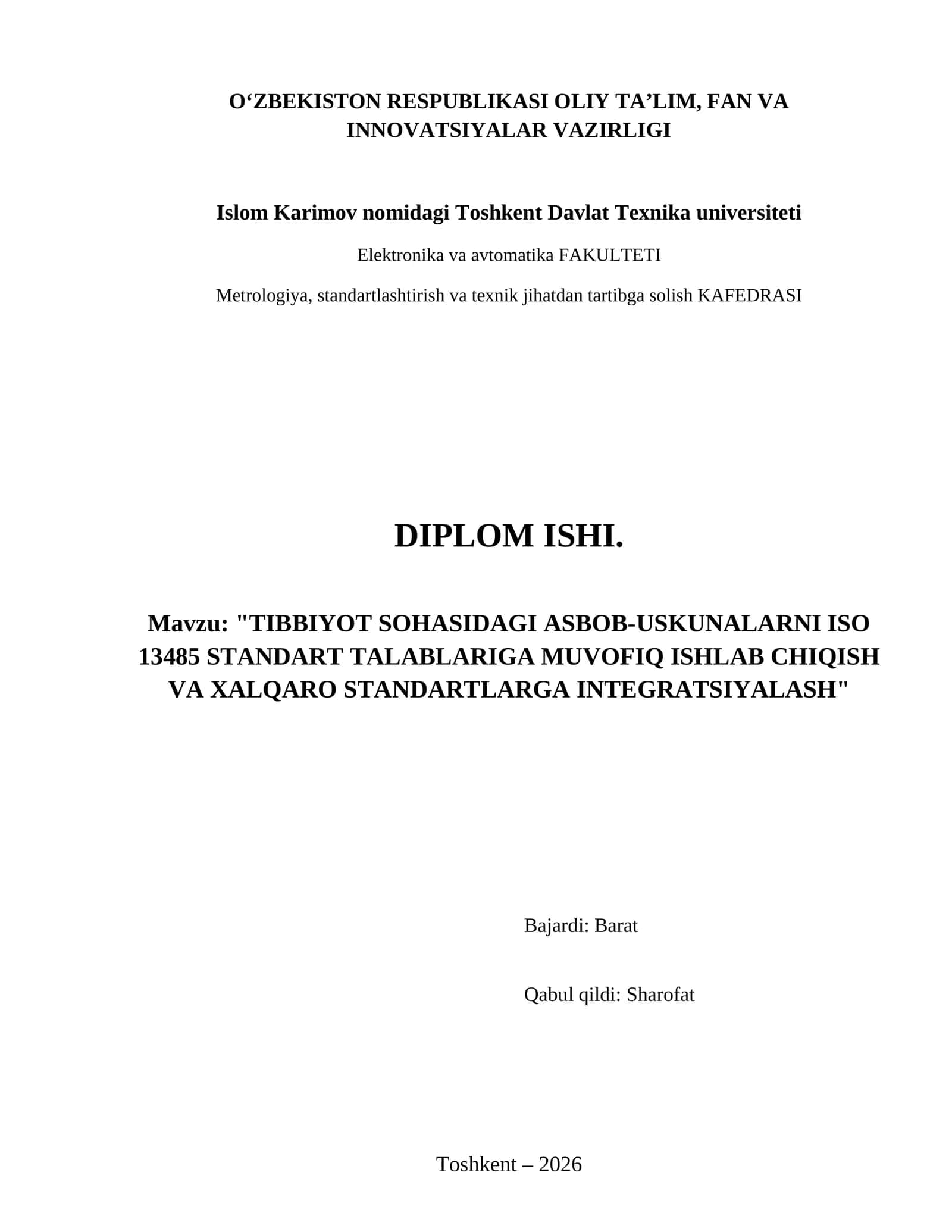 Tibbiyot sohasidagi asbob-uskunalarni ISO 13485 standart talablariga muvofiq ishlab chiqish va xalqaro standartlarga integratsiyalash 1