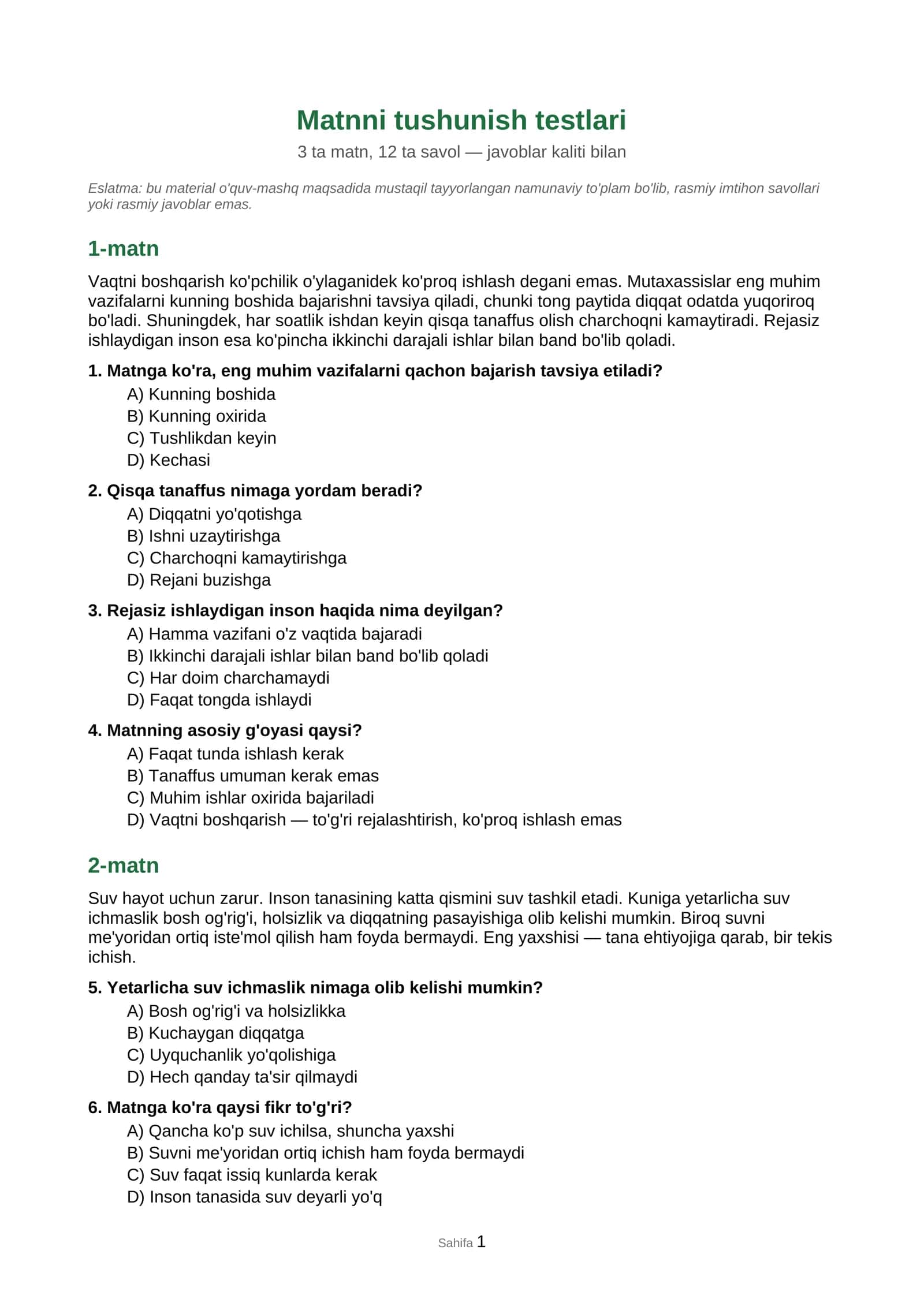 Matnni tushunish testlari 1