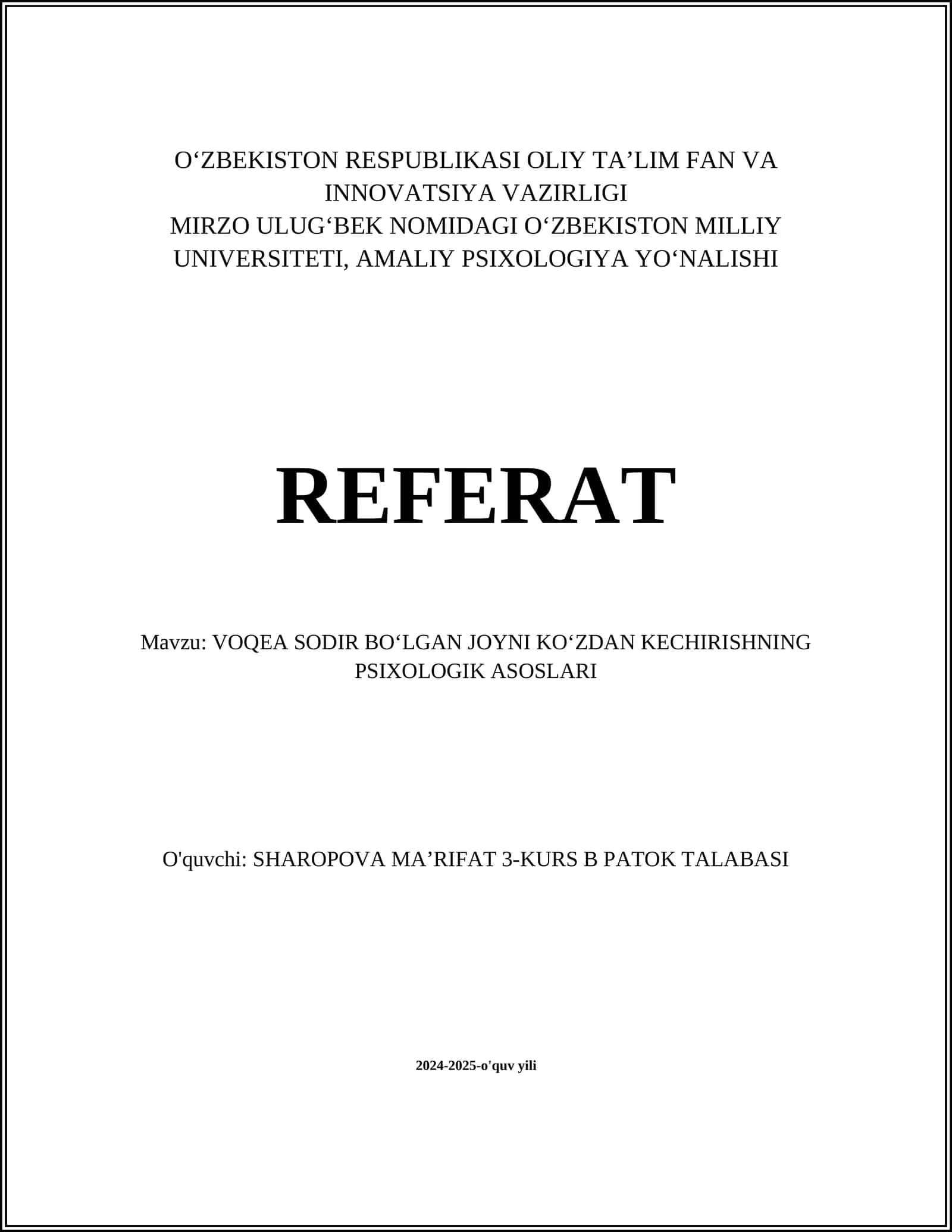 VOQEA SODIR BOʻLGAN JOYNI KOʻZDAN KECHIRISHNING PSIXOLOGIK ASOSLARI 1