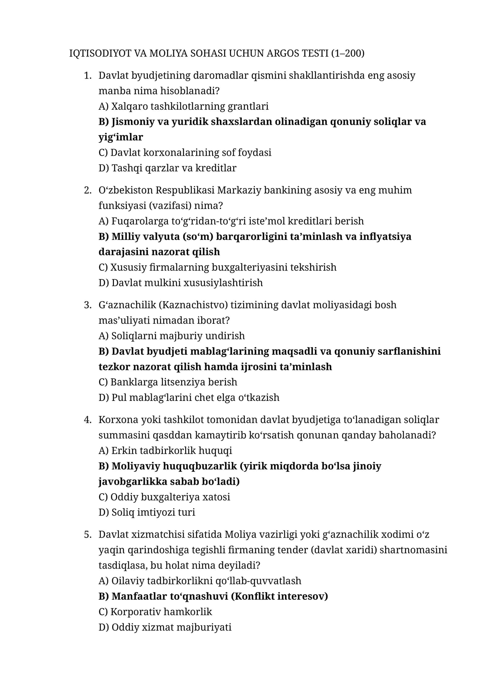 IQTISODIYOT VA MOLIYA SOHASI UCHUN ARGOS TESTI 1