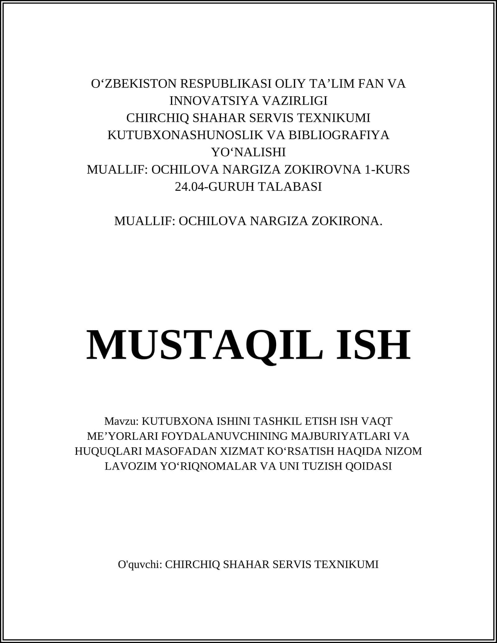 Kutubxona ishini tashkil etish 1