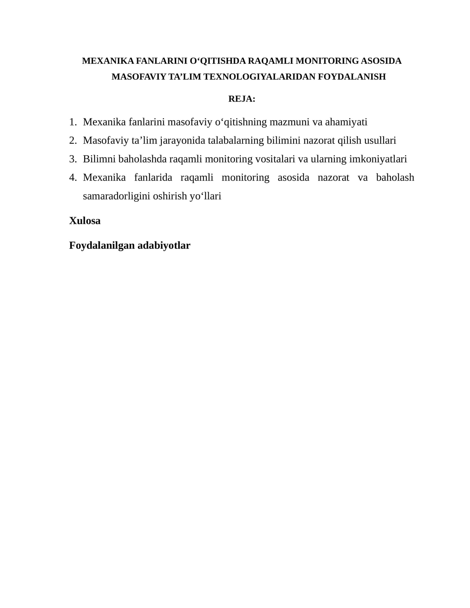Mexanika Fanlarini O‘qitishda Raqamli Monitoring Asosida Masofaviy Ta’lim Texnologiyalaridan Foydalanish 1