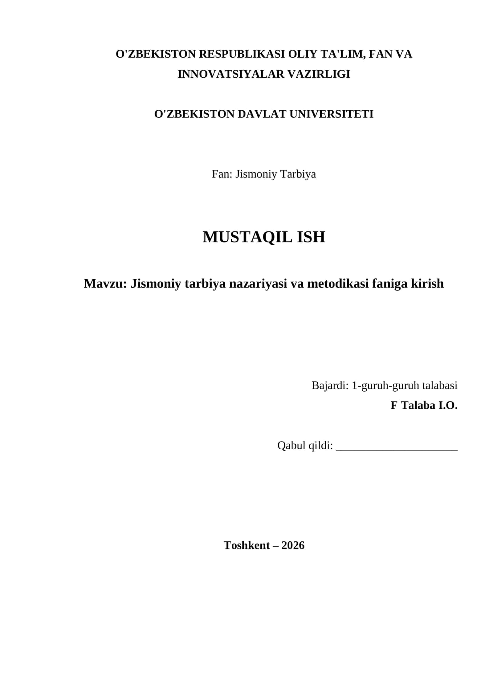 Jismoniy tarbiya nazariyasi va metodikasi faniga kirish 1