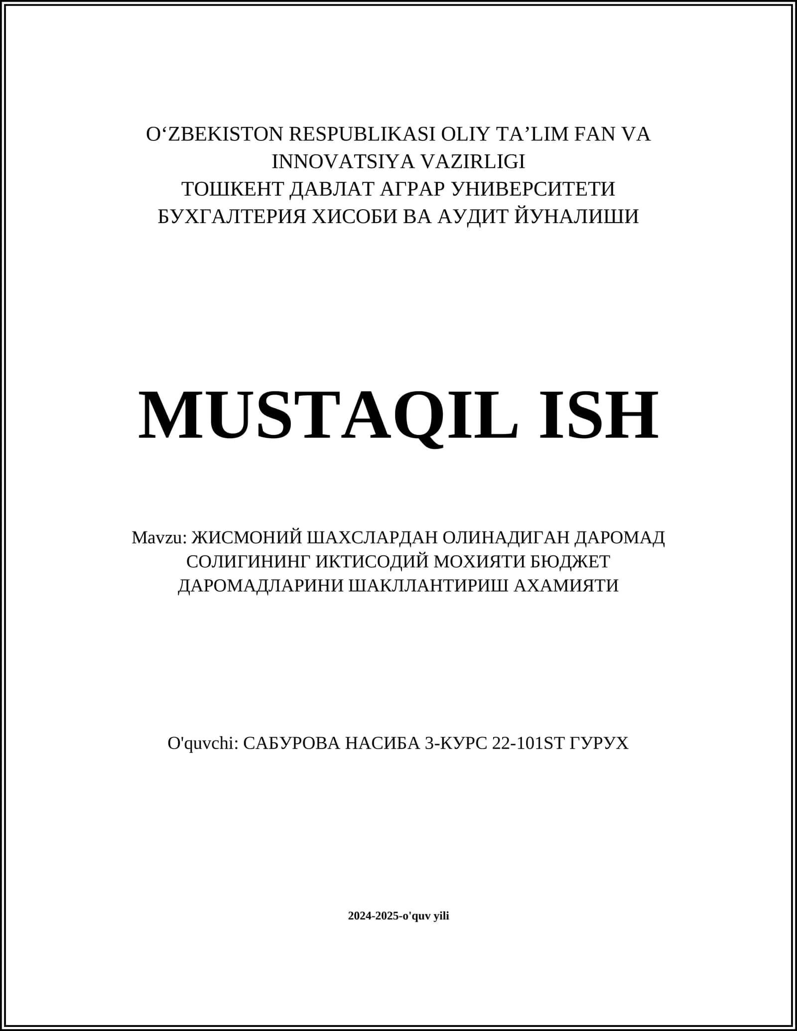 ЖИСМОНИЙ ШАХСЛАРДАН ОЛИНАДИГАН ДАРОМАД СОЛИГИНИНГ ИКТИСОДИЙ МОҲИЯТИ 1
