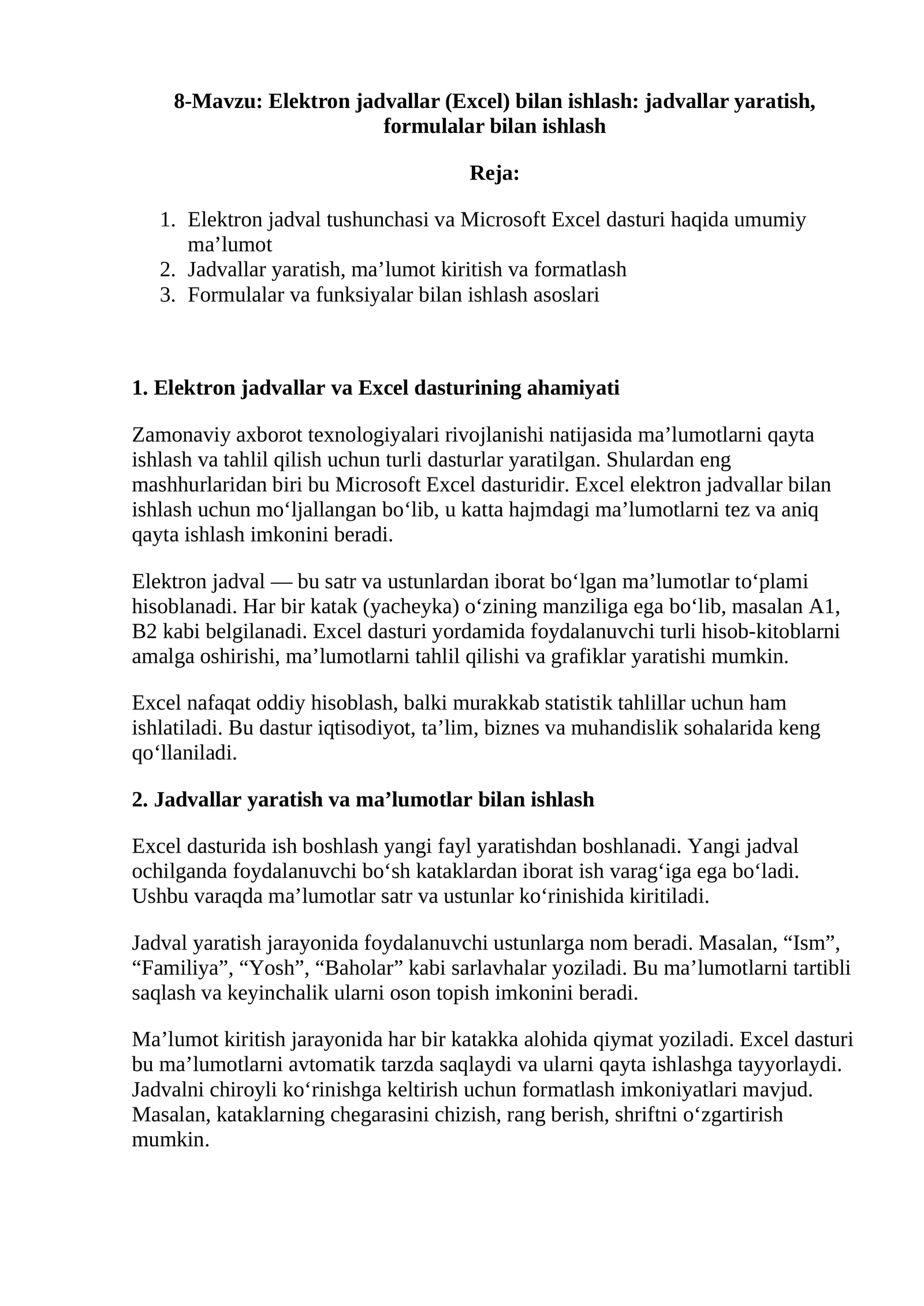 Elektron jadvallar (Excel) 1