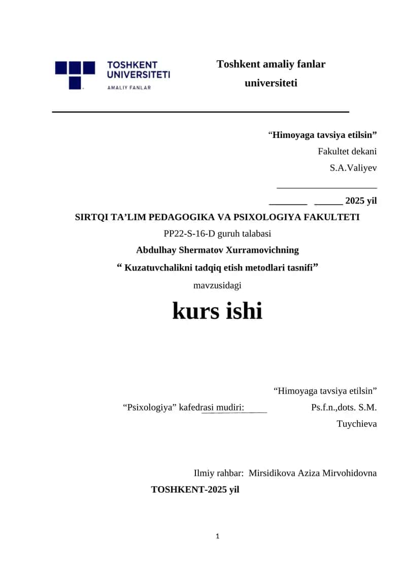 Kuzatuvchalikni tadqiq etish metodlari tasnifi. 1