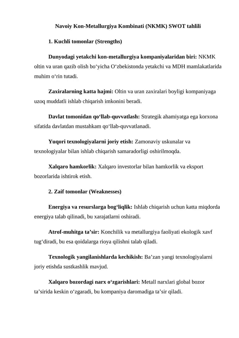 Navoiy Kon-Metallurgiya Kombinati (NKMK) SWOT tahlili 1
