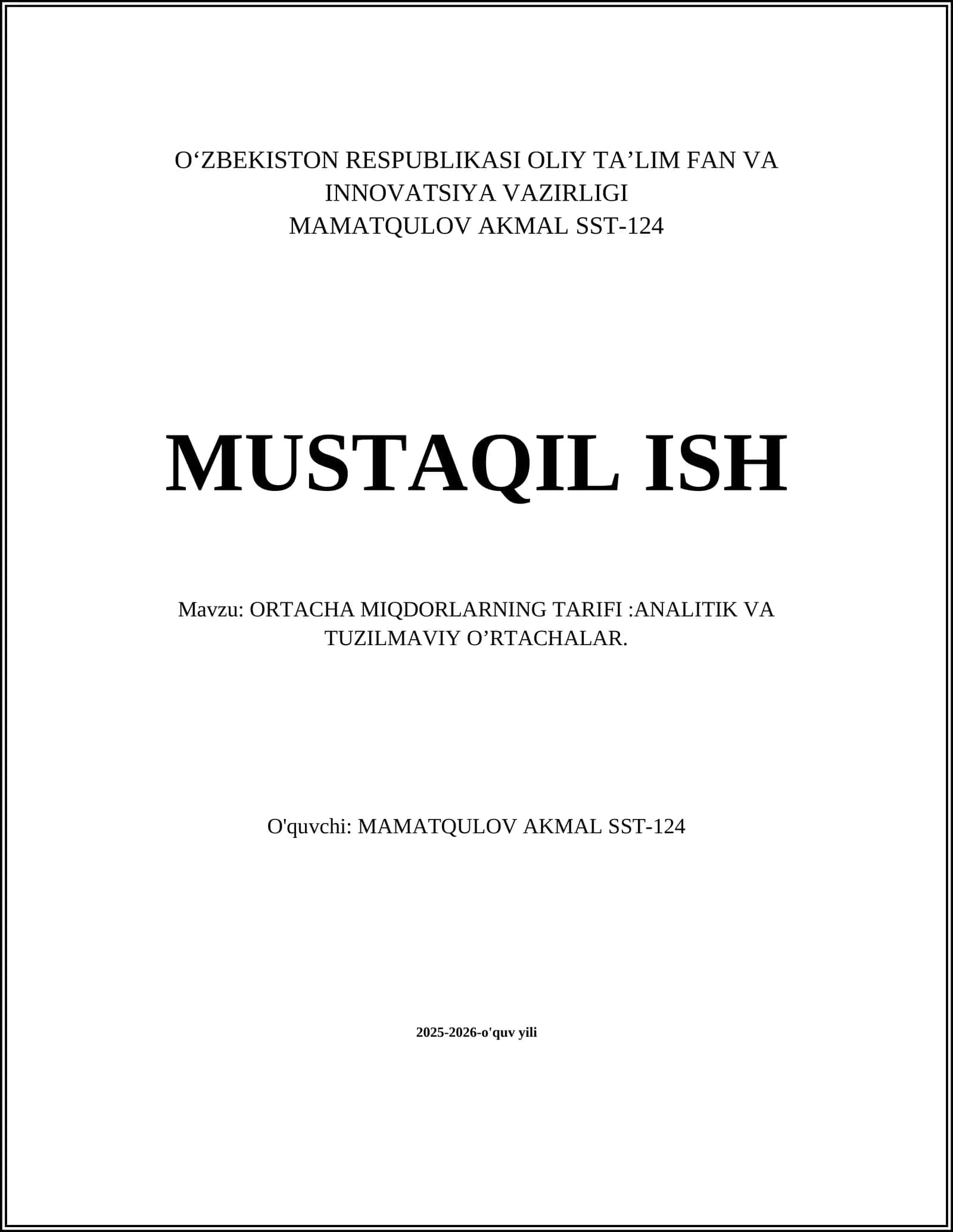 ORTACHA MIQDORLARNING TARIFI:ANALITIK VA TUZILMAVIY O’RTACHALAR 1