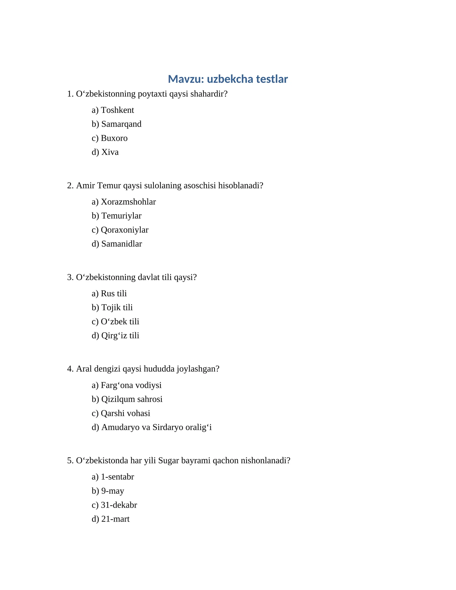 uzbekcha testlar 1