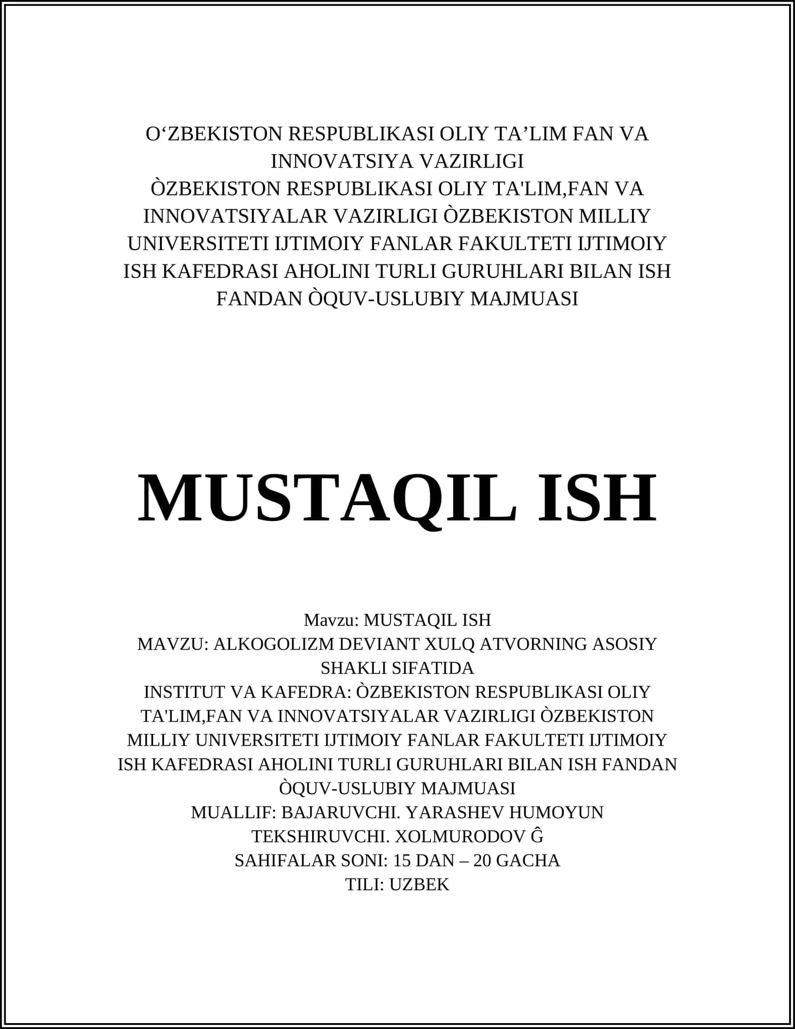 ALKOGOLIZM DEVIANT XULQ ATVORNING ASOSIY SHAKLI SIFATIDA 1