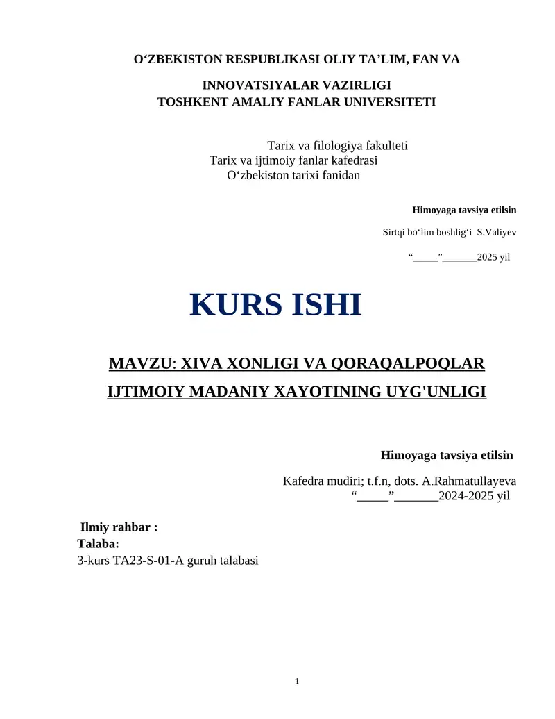 XIVA XONLIGI VA QORAQALPOQLAR IJTIMOIY MADANIY XAYOTINING UYG'UNLIGI 1