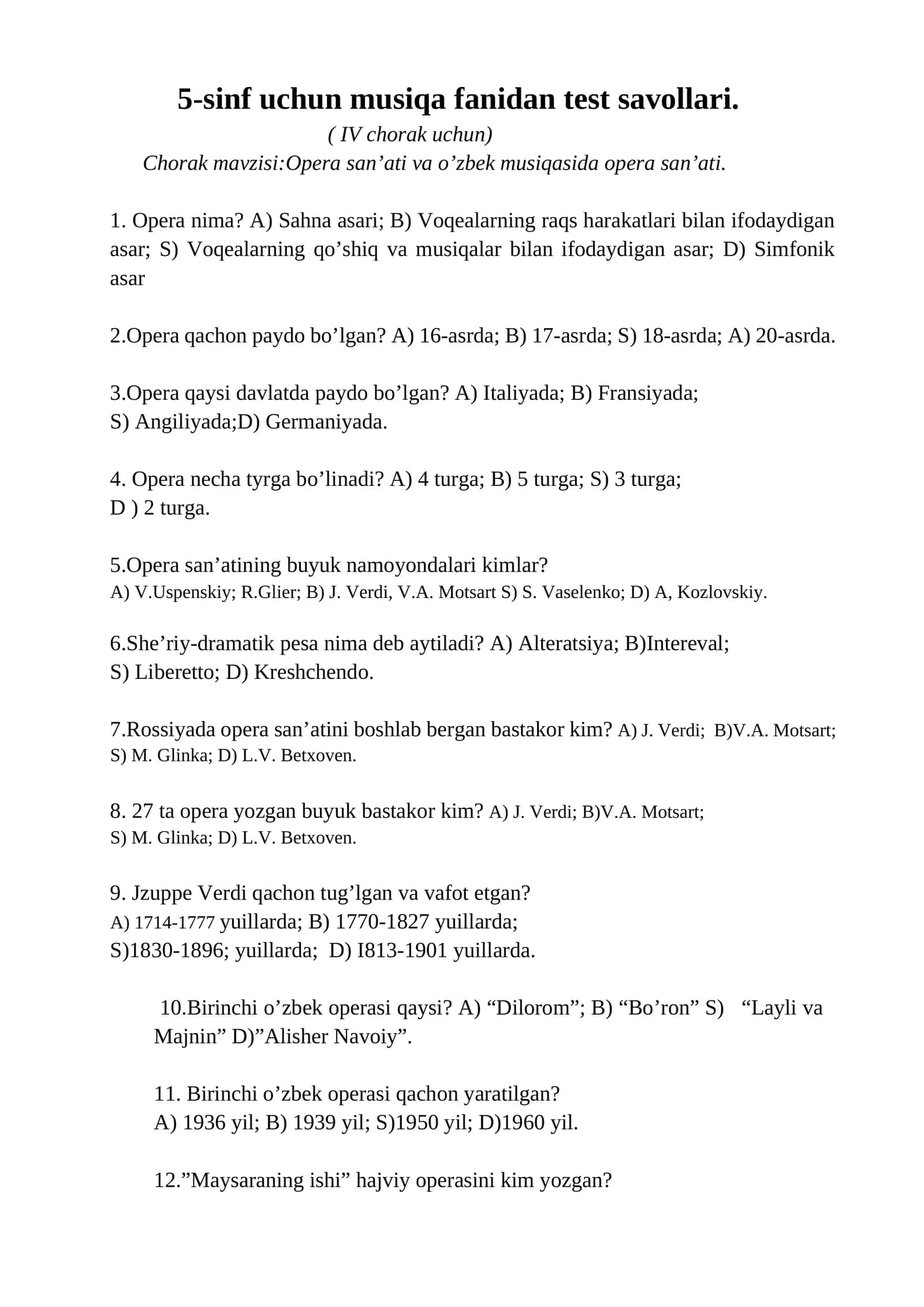 5-sinf uchun musiqa fanidan test savollari 1
