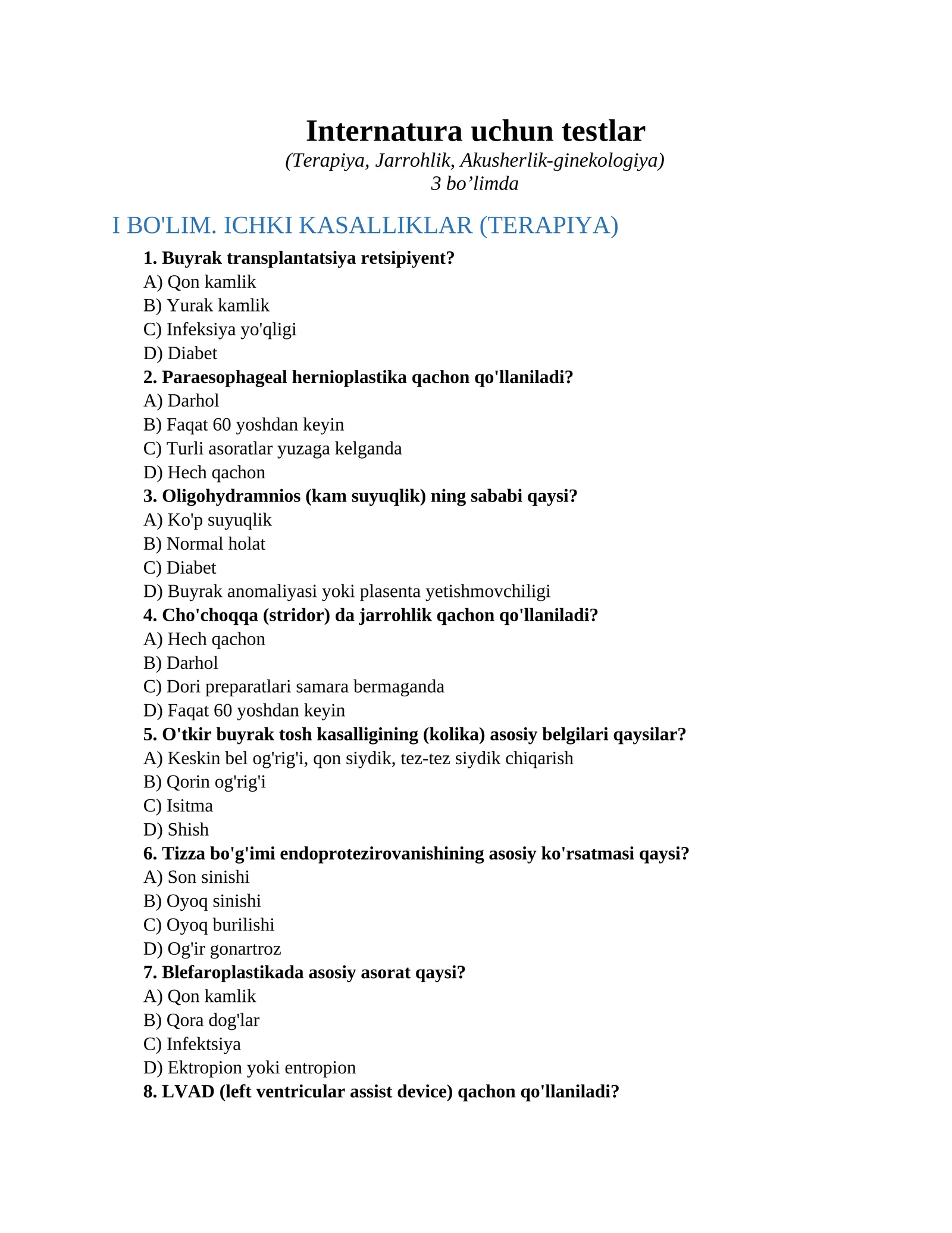 Internatura uchun testlar 1