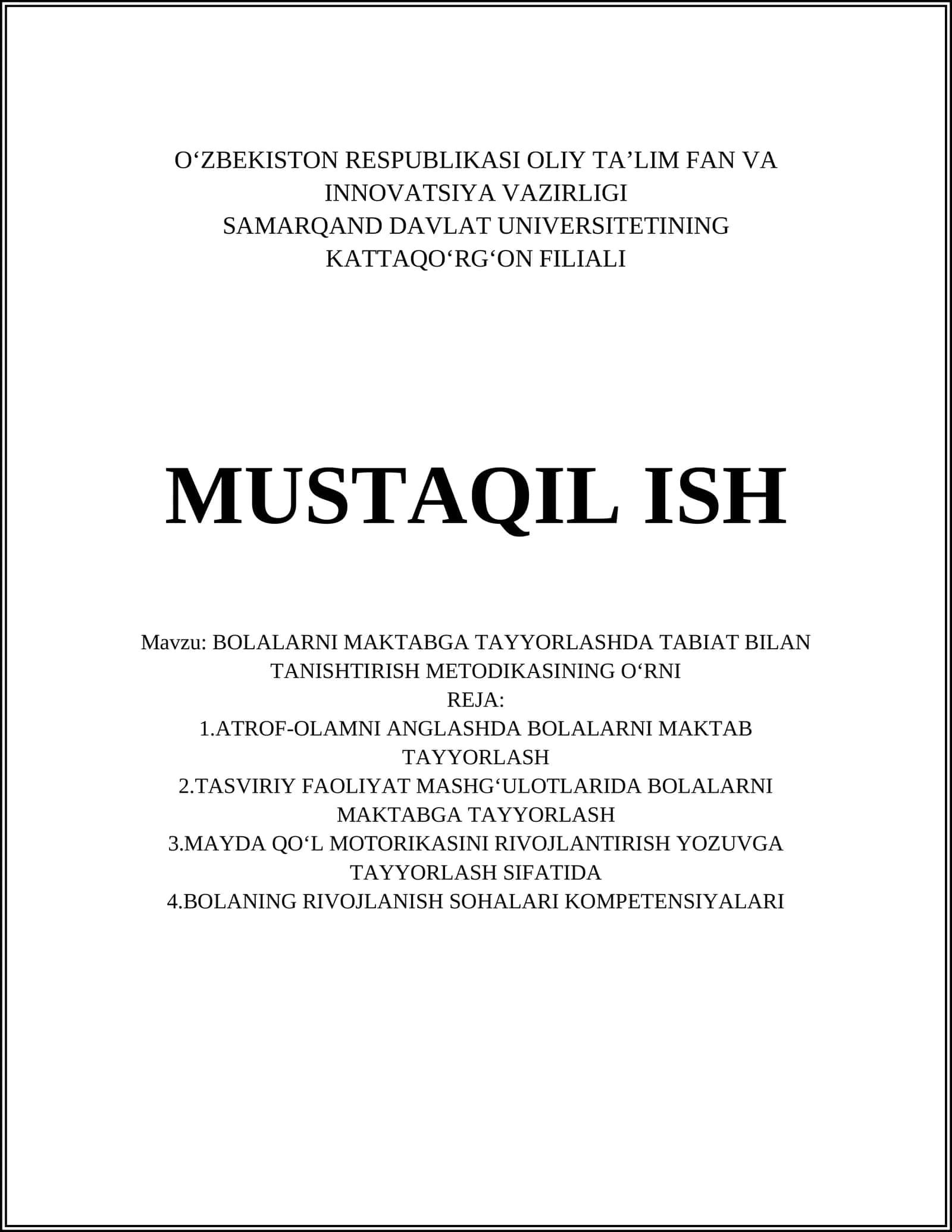 BOLALARNI MAKTABGA TAYYORLASHDA TABIAT BILAN TANISHTIRISH METODIKASI 1