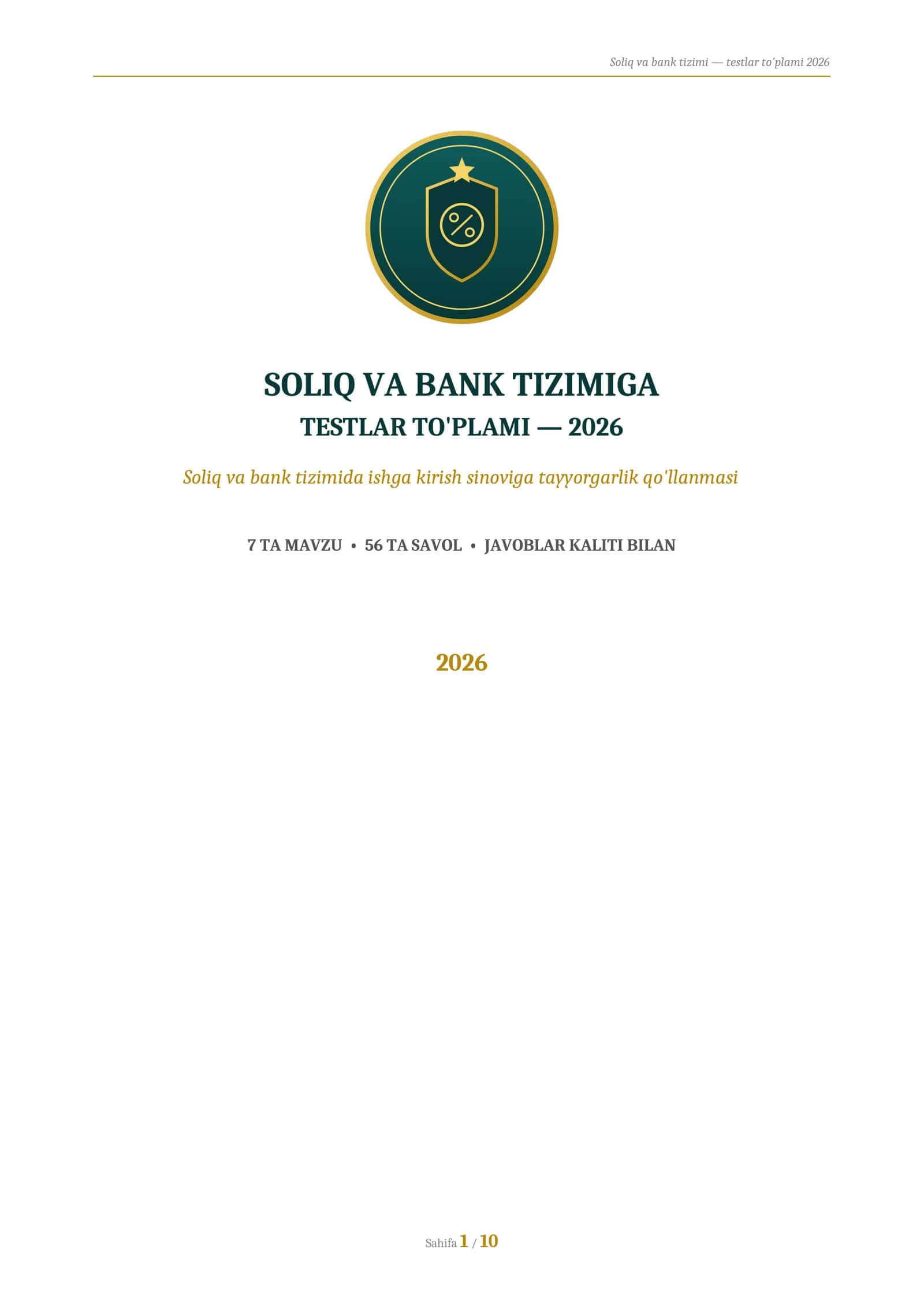 soliq va bank tizimi testlari 1