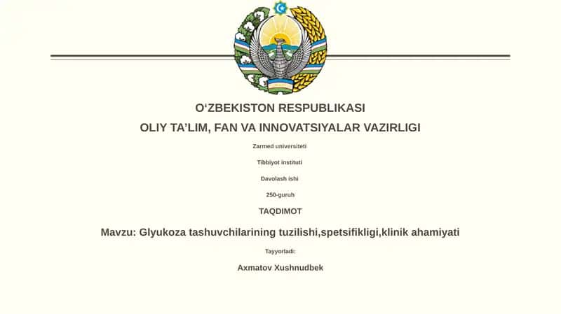 Glyukoza tashuvchilarining tuzilishi, spetsifikligi, klinik ahamiyati 1