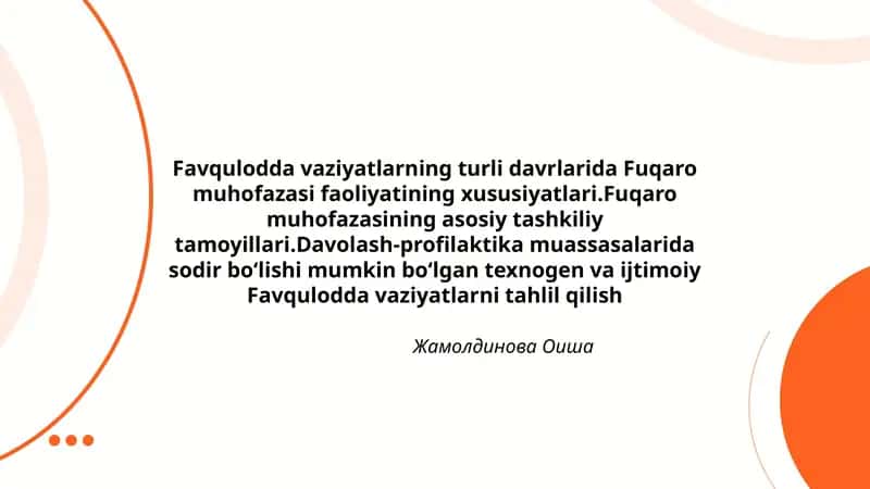 Favqulodda vaziyatlarning turli davrlarida Fuqaro muhofazasi faoliyatining xususiyatlari.Fuqaro muhofazasining asosiy tashkiliy tamoyillari.Davolash-profilaktika muassasalarida sodir boʻlishi mumkin boʻlgan texnogen va ijtimoiy Favqulodda vaziyatlarni tahlil qilish 1