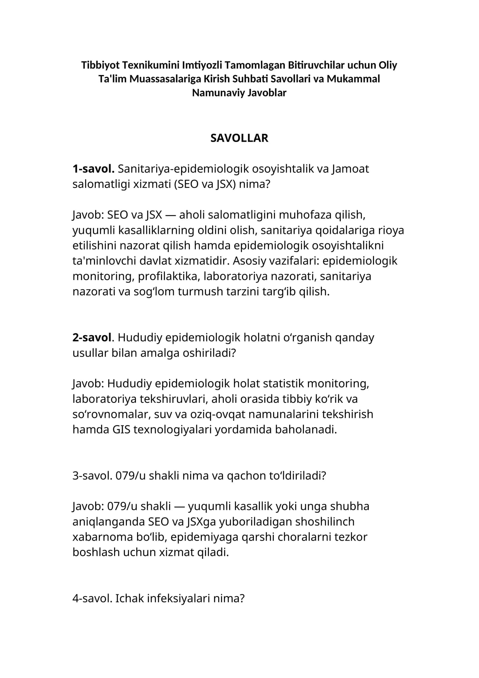 Tibbiyot Texnikumini Imtiyozli Tamomlagan Bitiruvchilar uchun Oliy Ta'lim Muassasalariga Kirish Suhbati Savollari va Mukammal Namunaviy Javoblar 1