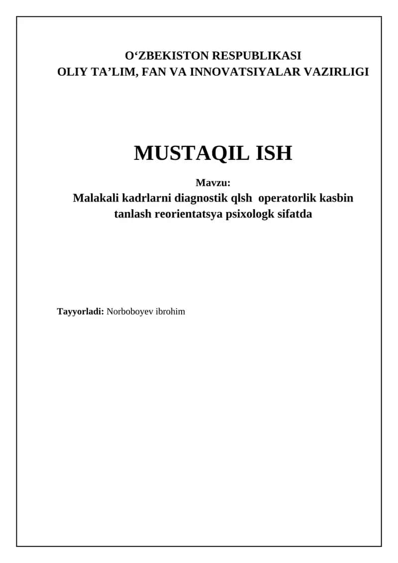 Malakali kadrlarni diagnostik qlsh operatorlik kasbin tanlash reorientatsya psixologk sifatda 1