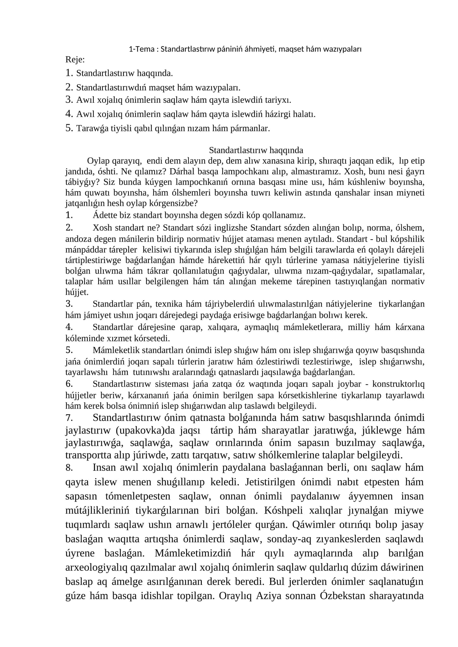 Standartlastırıw pániniń áhmiyeti, maqset hám wazıypaları 1