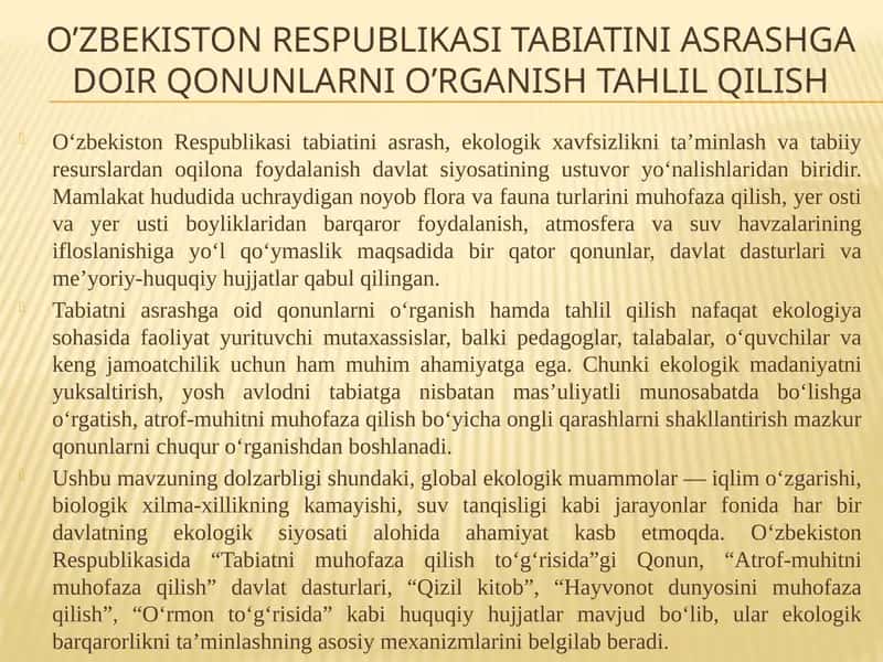O‘zbekiston Respublikasi tabiatini asrashga doir qonunlarni o’rganish tahlil qilish 1