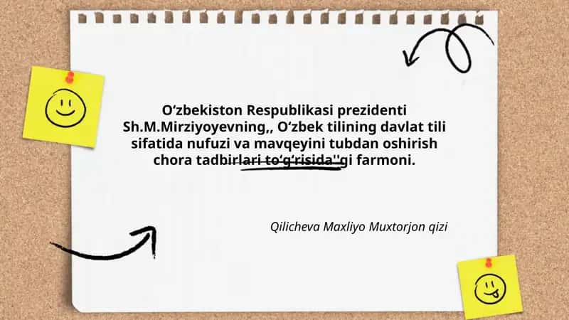 Oʻzbek tilining davlat tili sifatida nufuzi va mavqeyini tubdan oshirish chora tadbirlari toʻgʻrisida 1